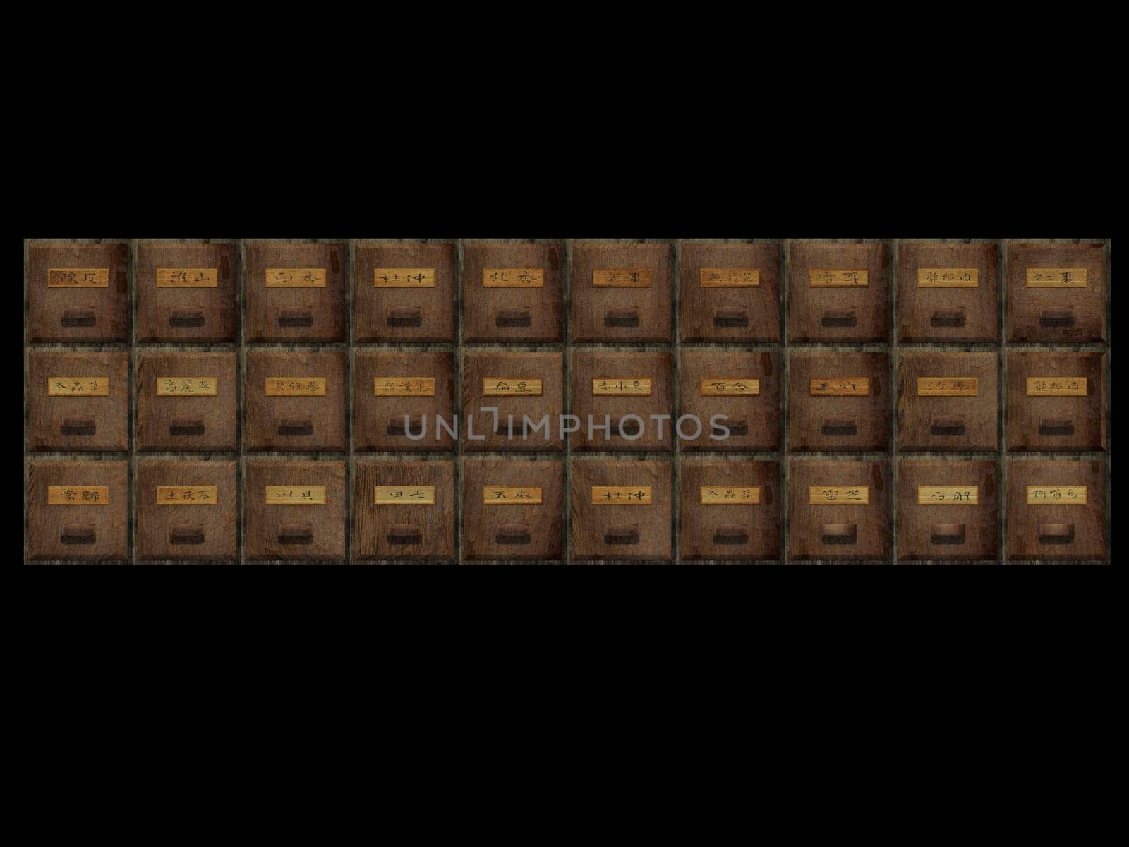 The 3d rendering of antique chest used to store chinese medicinal herbs