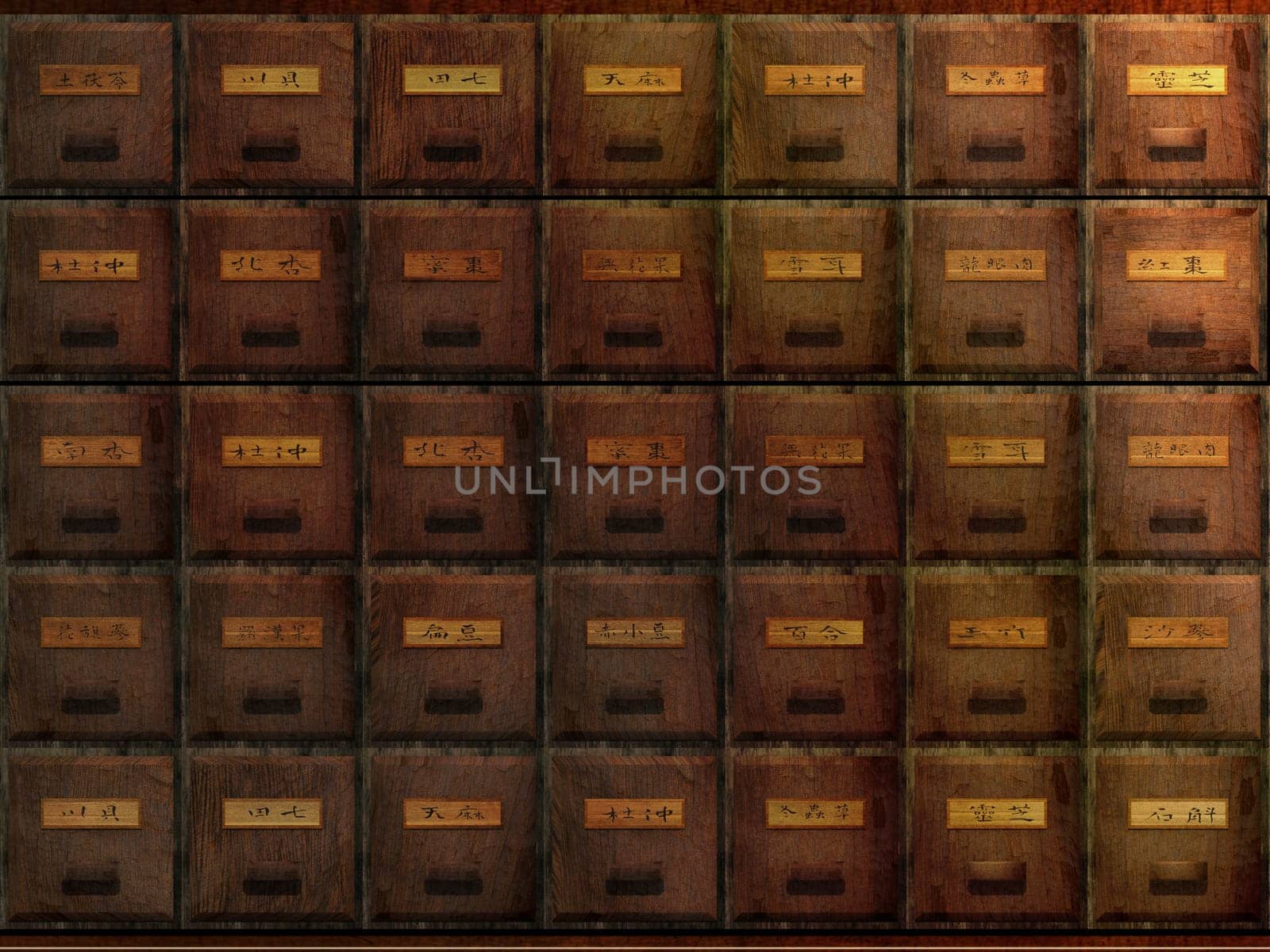 The 3d rendering of antique chest used to store chinese medicinal herbs