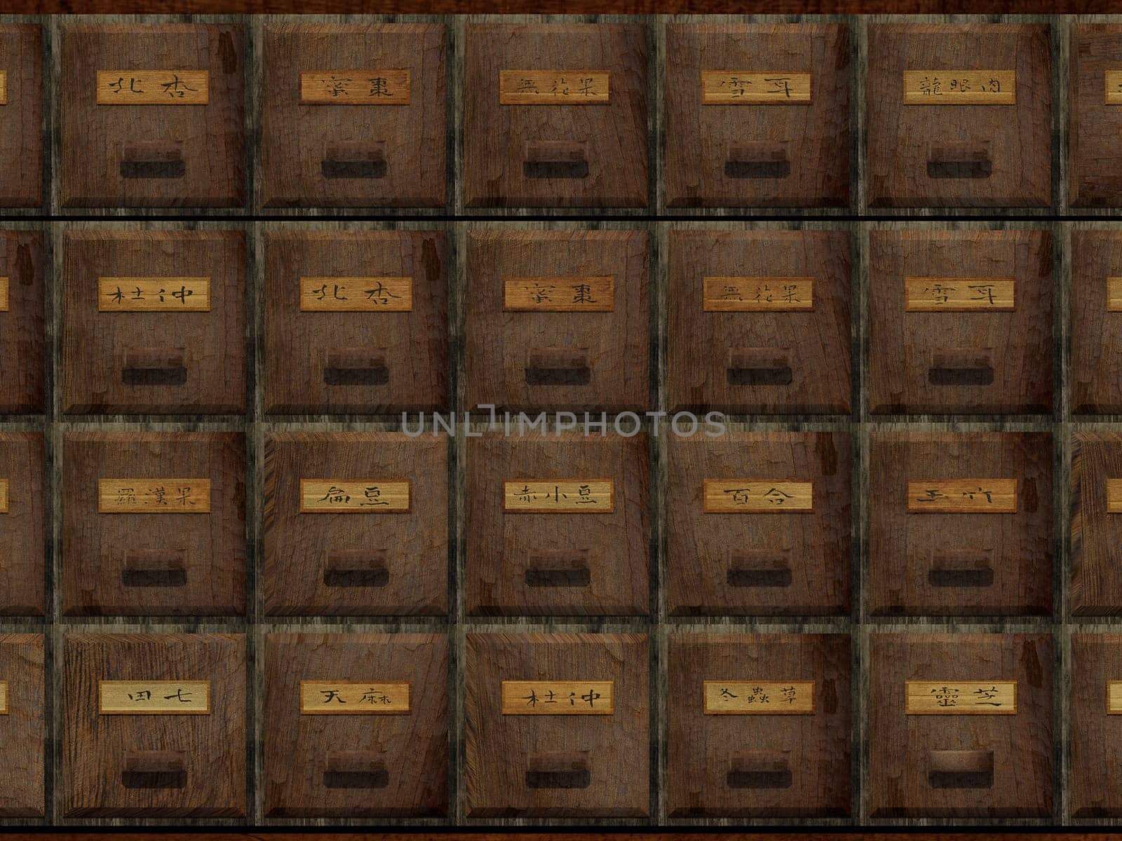 The 3d rendering of antique chest used to store chinese medicinal herbs