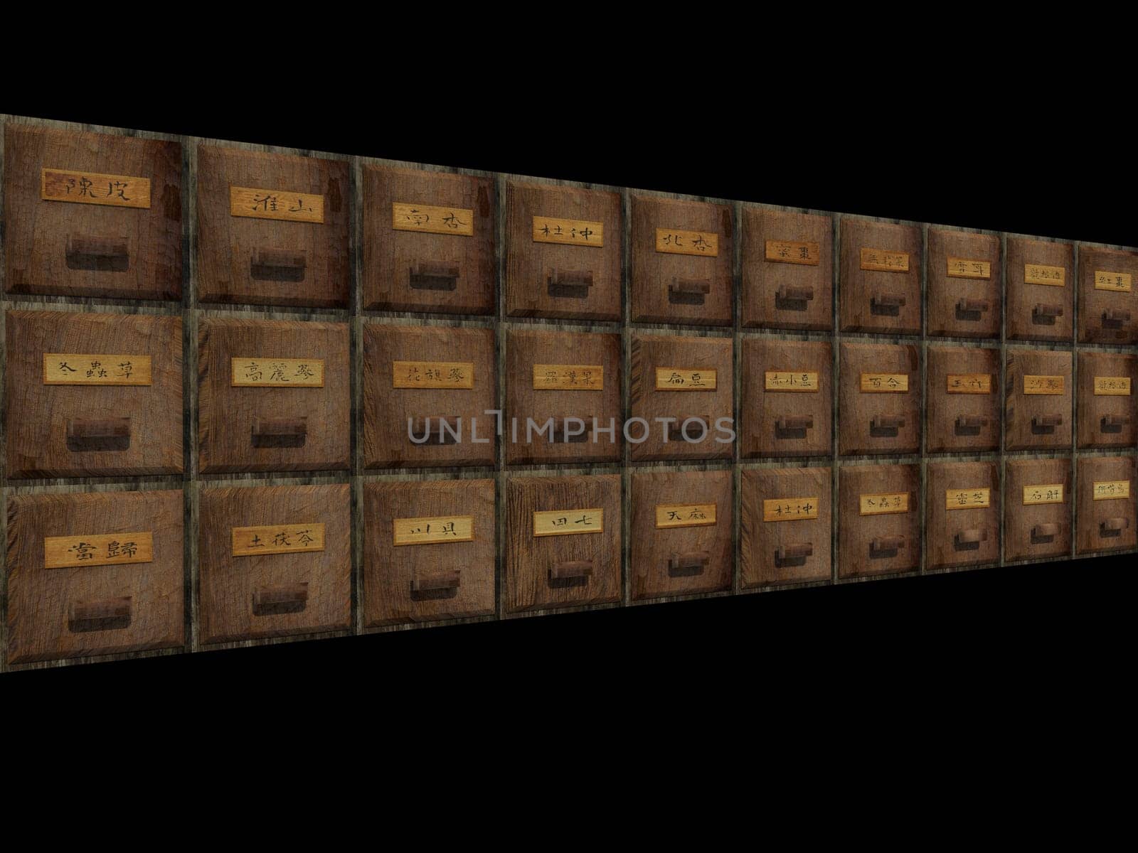 The 3d rendering of antique chest used to store chinese medicinal herbs