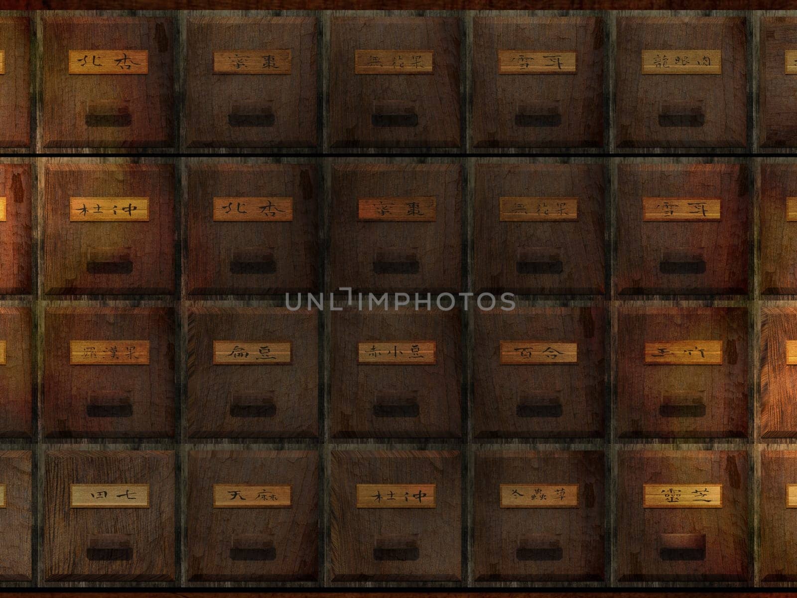 The 3d rendering of antique chest used to store chinese medicinal herbs