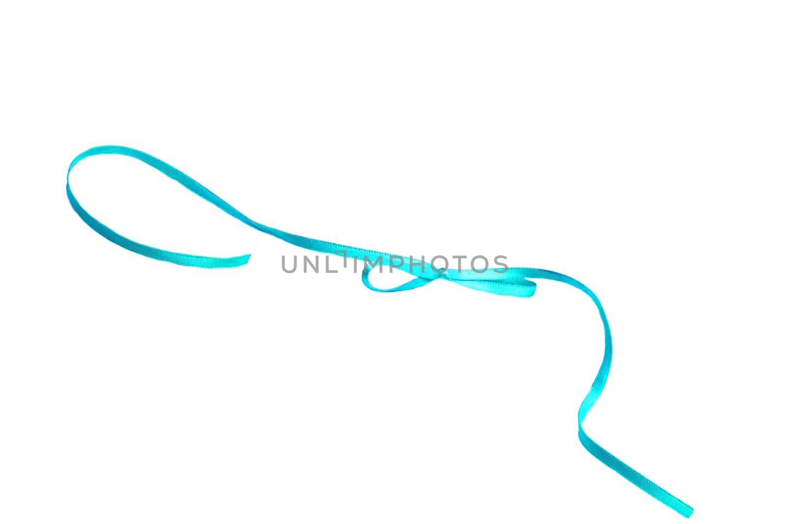 Gift bows. Closeup of a decorative blue turquoise ribbon bow made of silk for gift box isolated on a white background. Decorations background. Macro photograph.