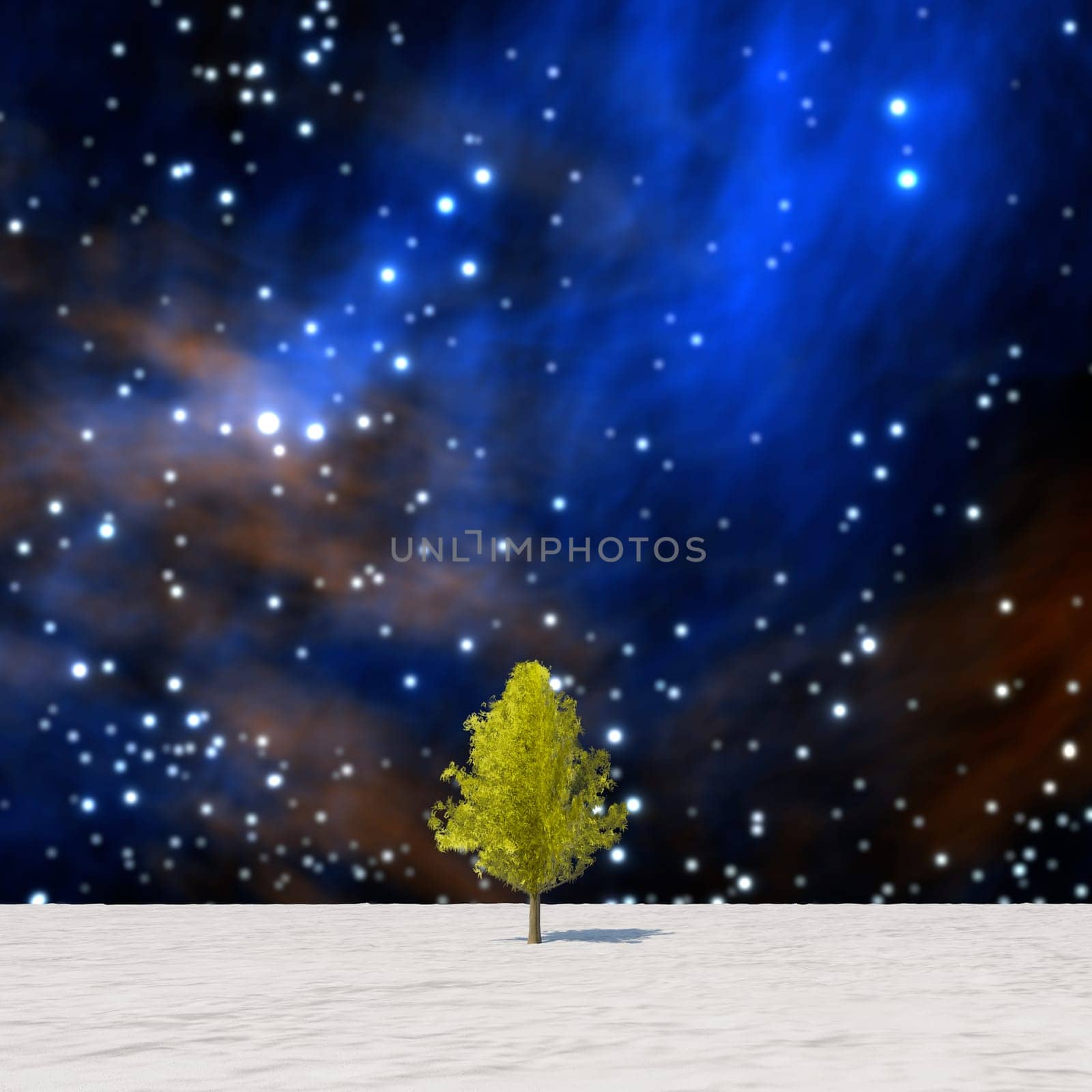 The 3d rendering tree in full leaf in winter against sky