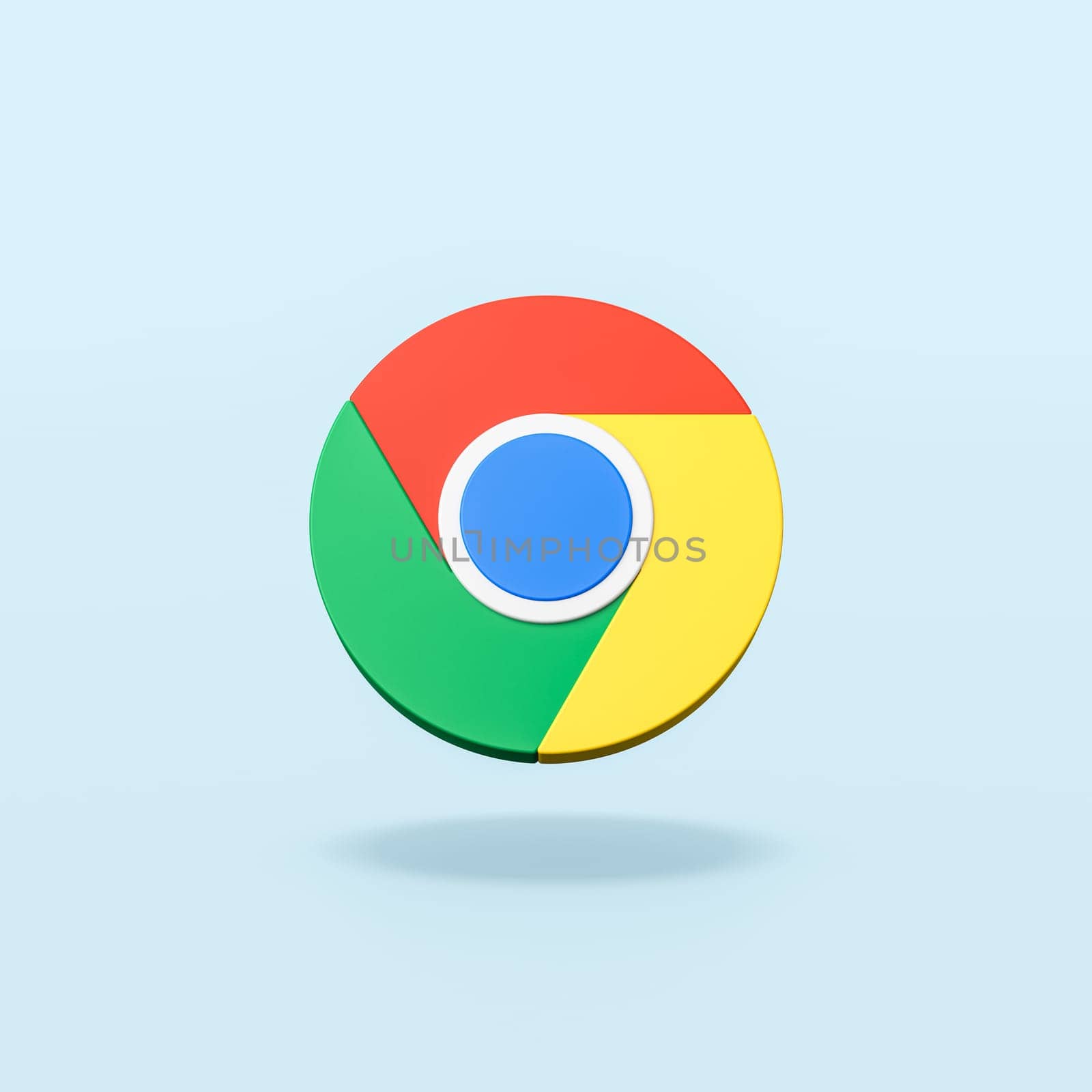Chrome Browser Logo 3D Shape Isolated on Flat Blue Background with Shadow 3D Illustration