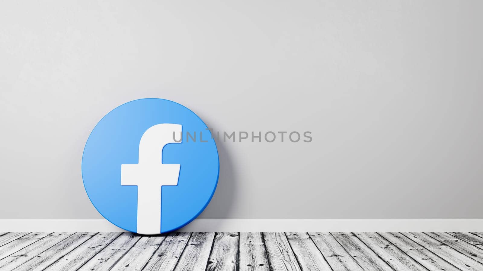 Facebook Logo 3D Symbol Shape on Wooden Floor Against Gray Wall with Copy Space 3D Render Illustration