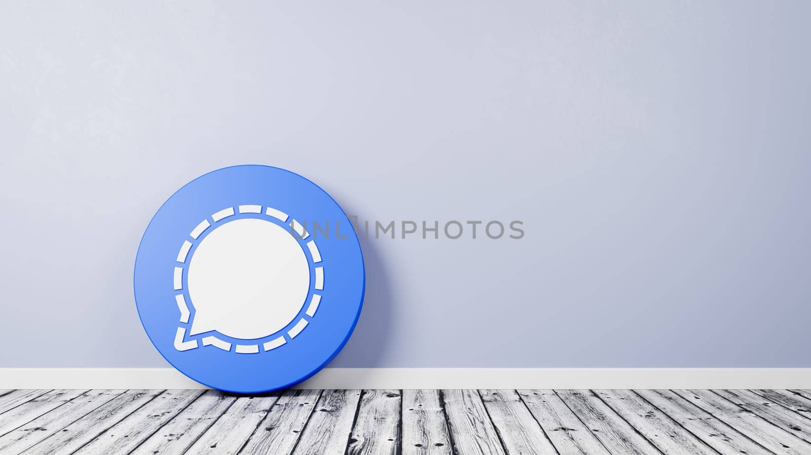 Signal Logo 3D Symbol Shape on Wooden Floor Against Gray Wall with Copy Space 3D Render Illustration