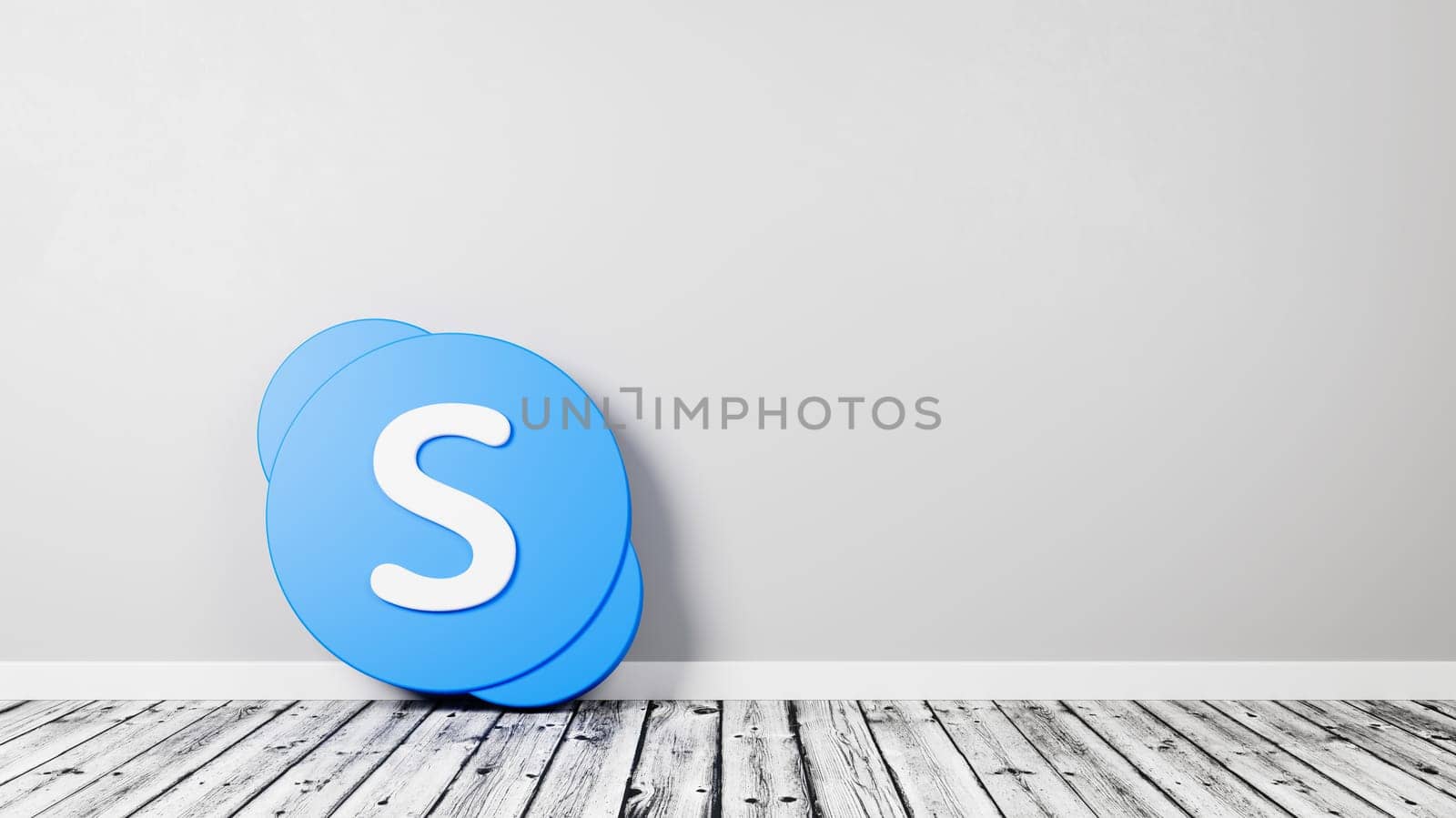 Skype Logo 3D Symbol Shape on Wooden Floor Against Gray Wall with Copy Space 3D Render Illustration