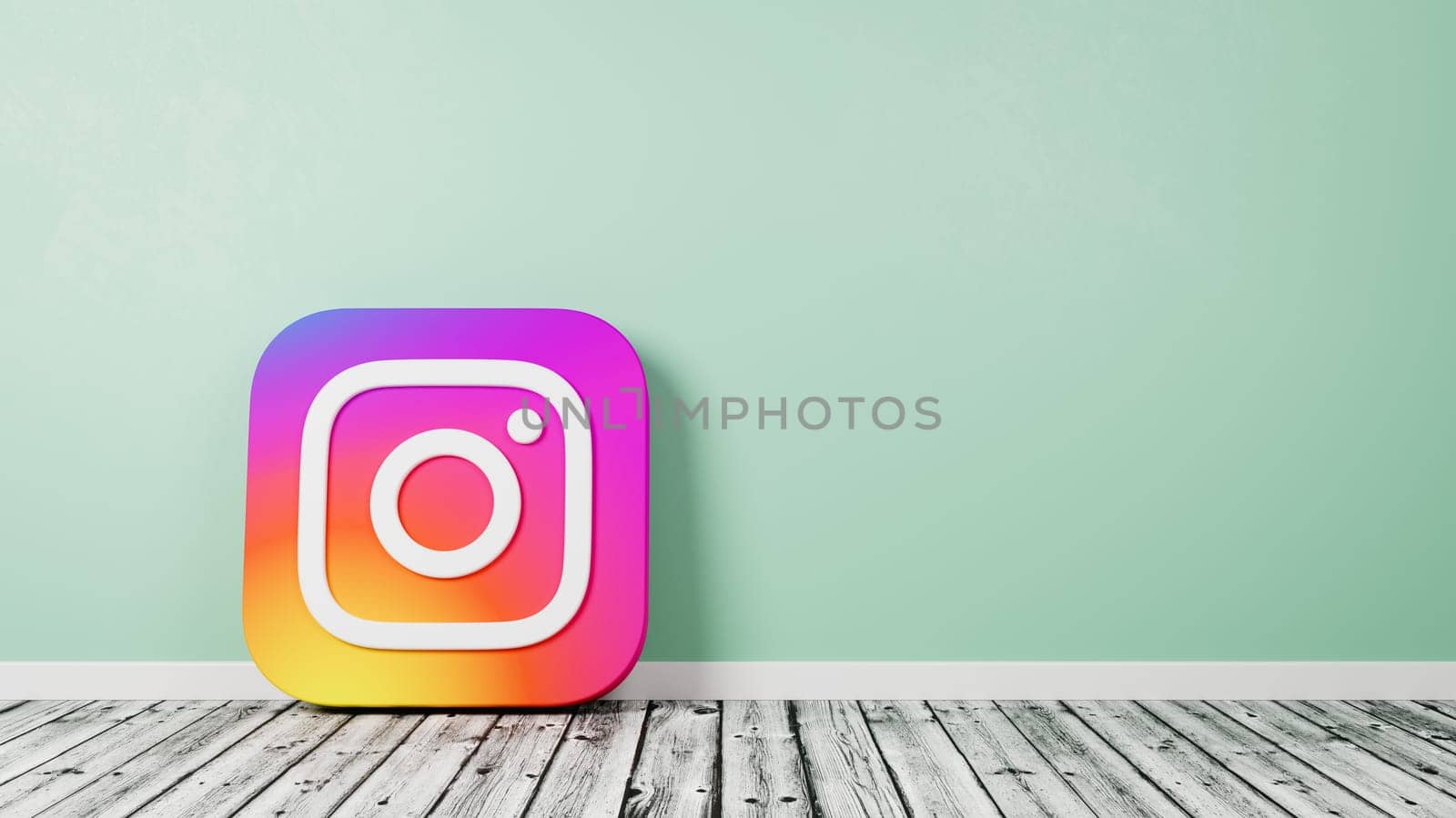 Instagram Logo 3D Symbol Shape on Wooden Floor Against Green Wall with Copy Space 3D Render Illustration