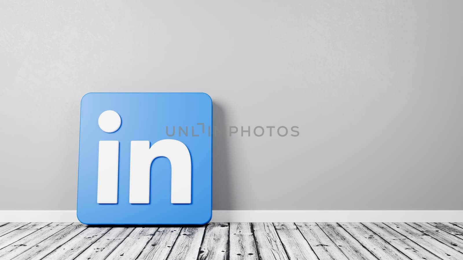 Linkedin Logo 3D Symbol Shape on Wooden Floor Against Gray Wall with Copy Space 3D Render Illustration