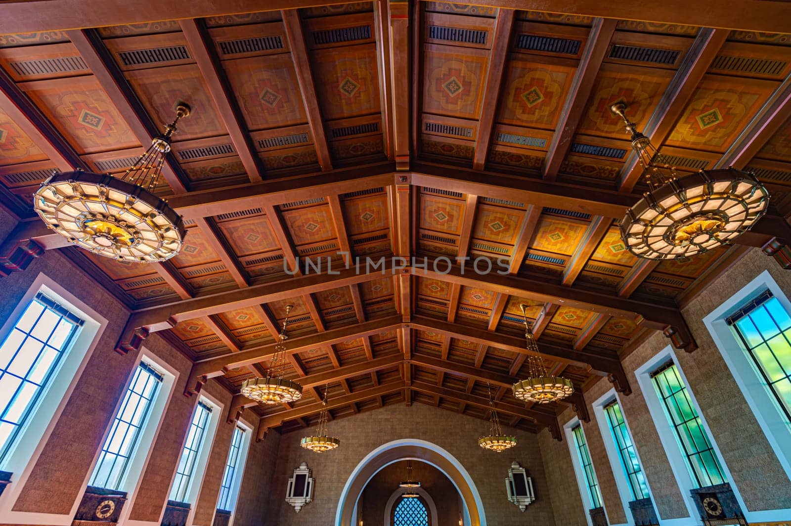 Waiting room of railroad Union Station in Los Angeles, California, USA