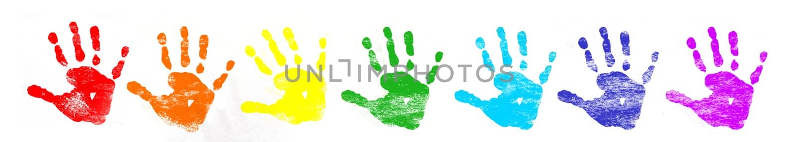 Collection of colorful child hand prints on white background