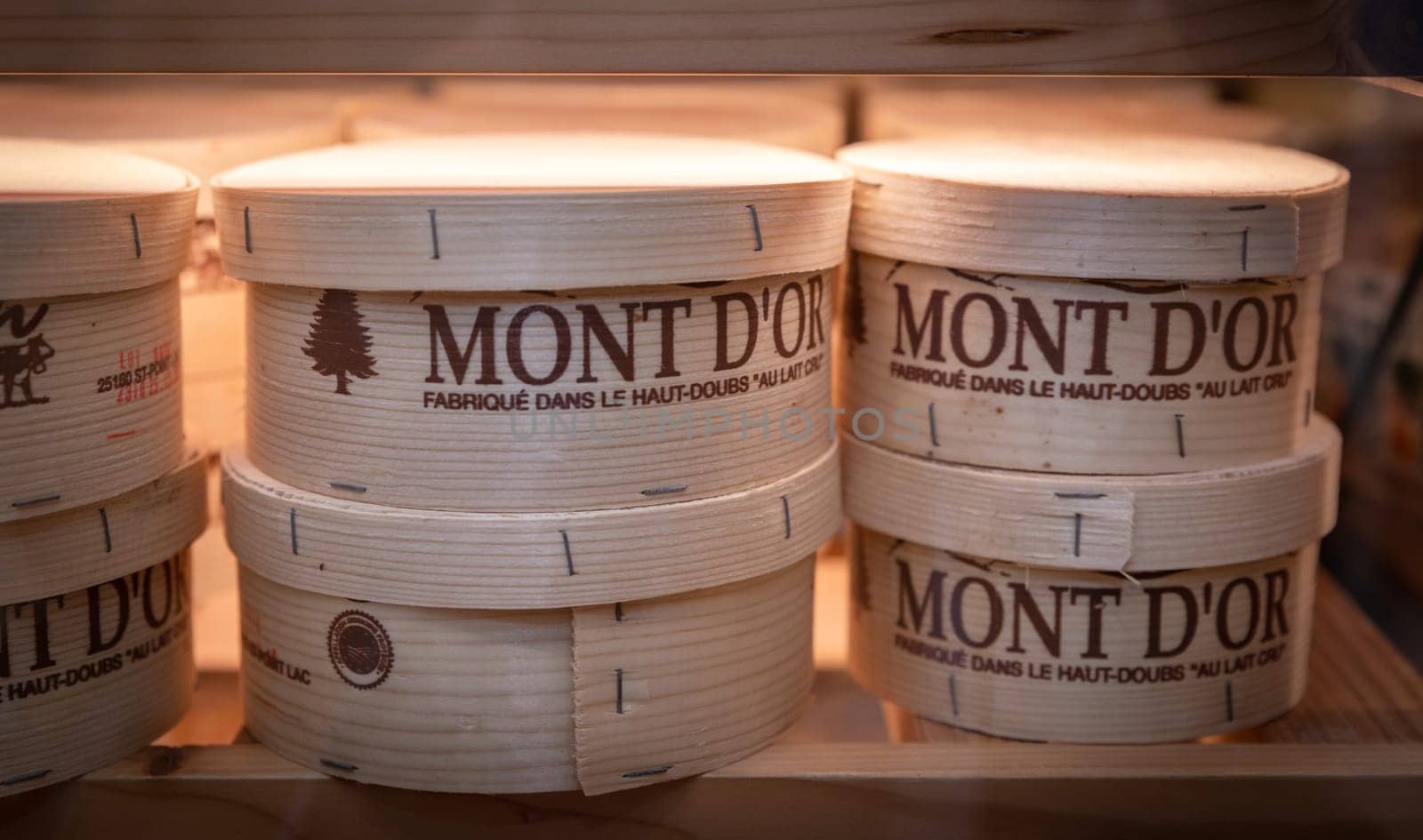 December 3 2021, Lyon, Rhone Alpes Auvergne, France : Mont d'Or famous cheese from Haut Doub wheel in a ripening cellar