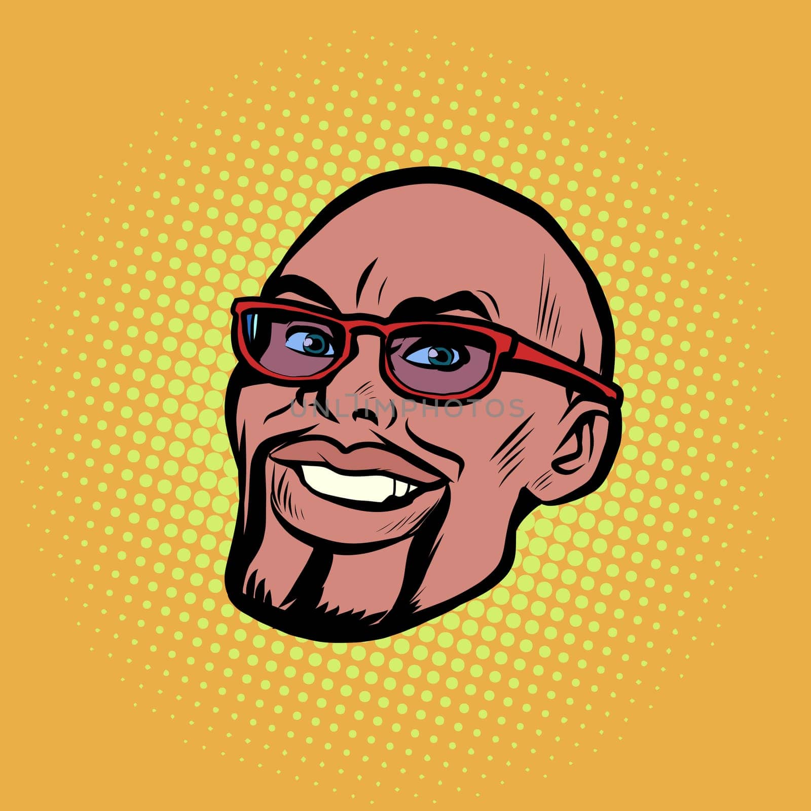 Head male African American portrait. Businessman with glasses, smile happiness. Pop Art Retro Vector Illustration Vintage kitsch 50s 60s Style