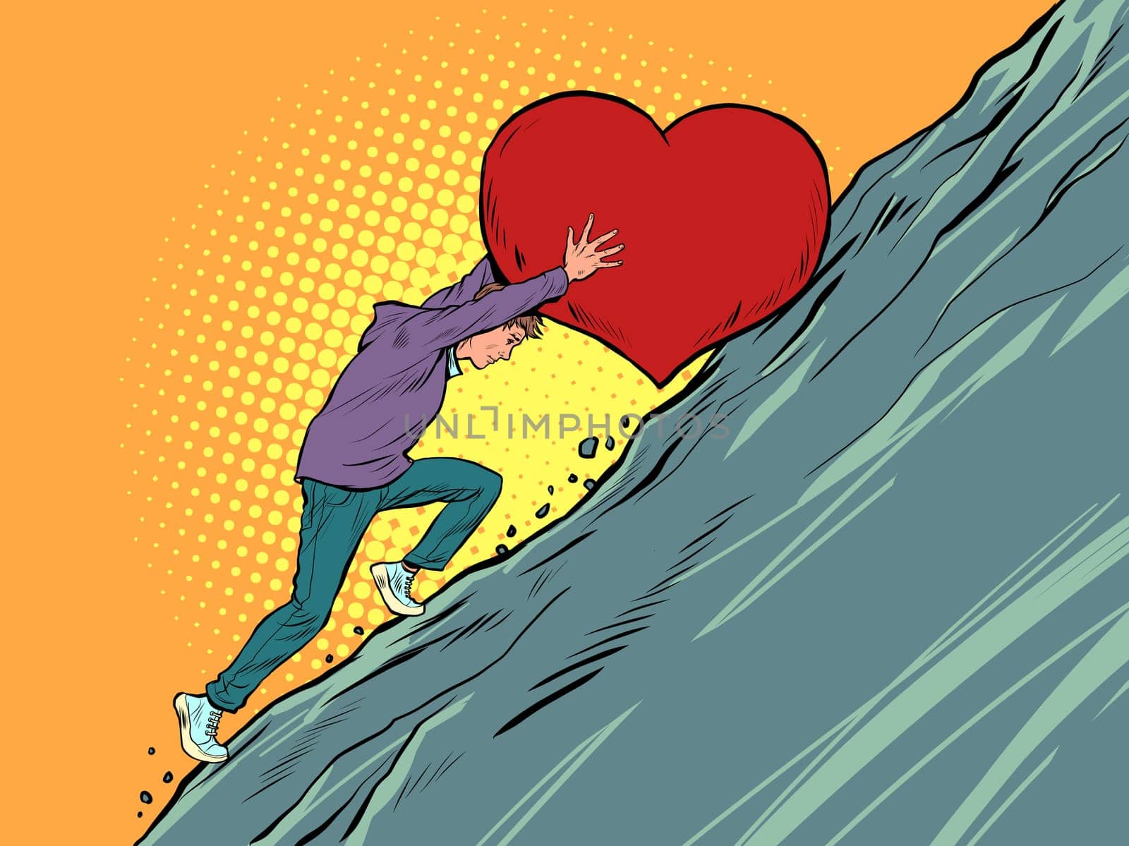 sisyphean labor a lover believes in love, rolls a valentines heart up the mountain. Pop Art Retro Vector Illustration Vintage kitsch 50s 60s Style
