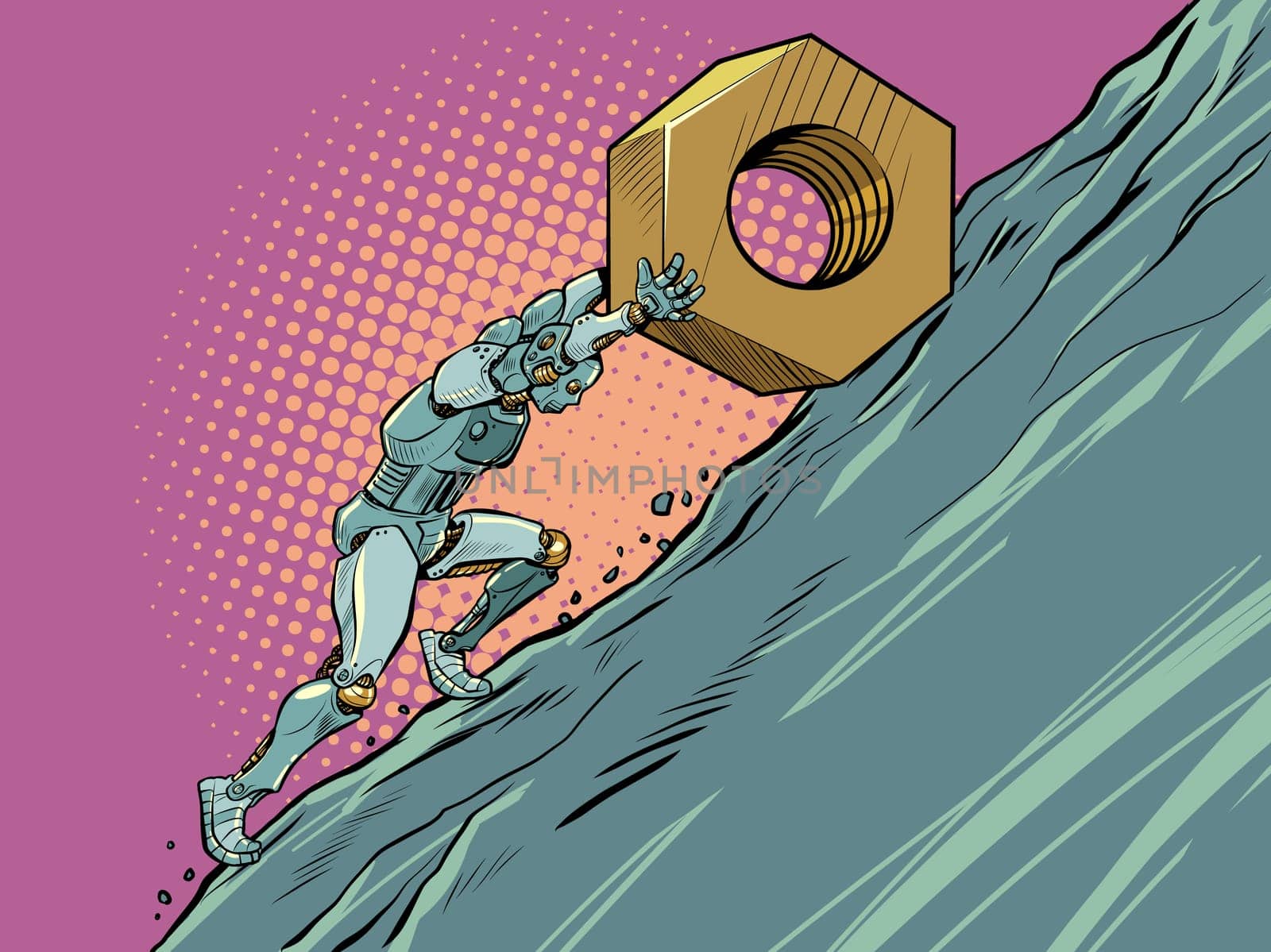 sisyphean labor the robot rolls the nut part to the top of the mountain. Pop Art Retro Vector Illustration Vintage kitsch 50s 60s Style