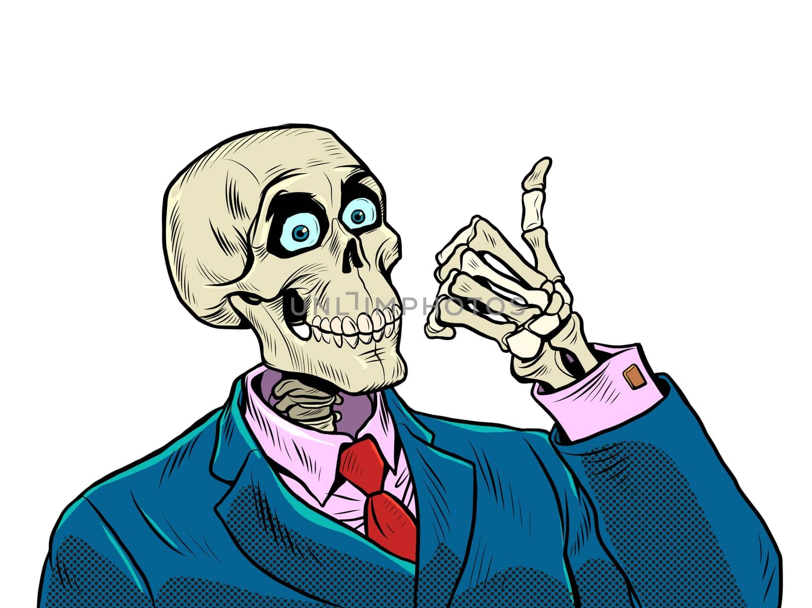 The positive skeleton of a businessman like a thumbs up. Good business, positive dead man, business survival in a difficult period of the economy. Pop Art Retro Vector Illustration Kitsch Vintage 50s 60s Style