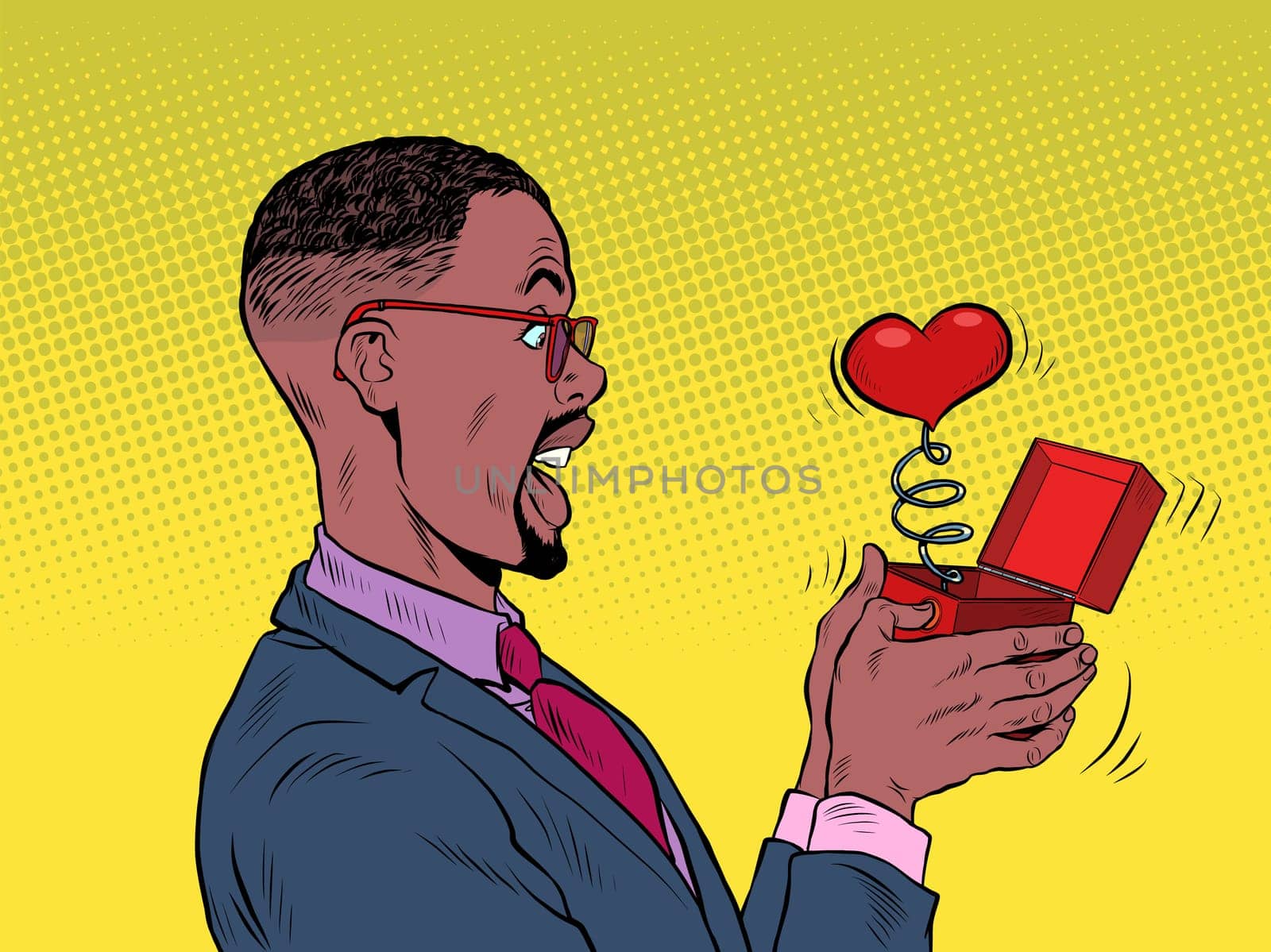 A businessman man looks at a red heart box valentine surprise greeting, love romance. Pop Art Retro Vector Illustration 50s 60s Vintage kitsch Style