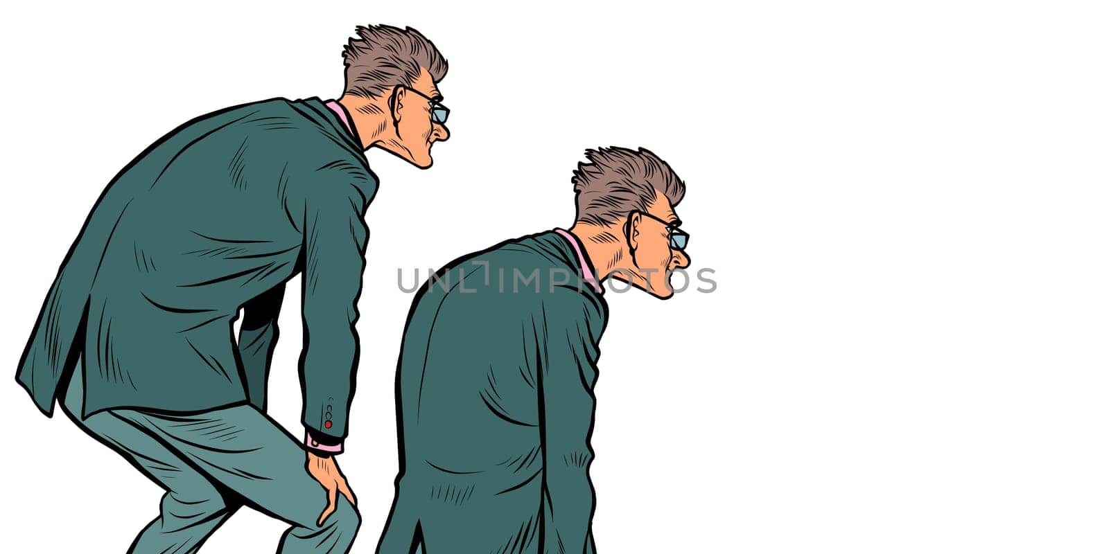 A businessman is looking at something, the pose of a man in a suit. Interest reading announcement. Pop Art Retro Vector Illustration Kitsch Vintage 50s 60s Style