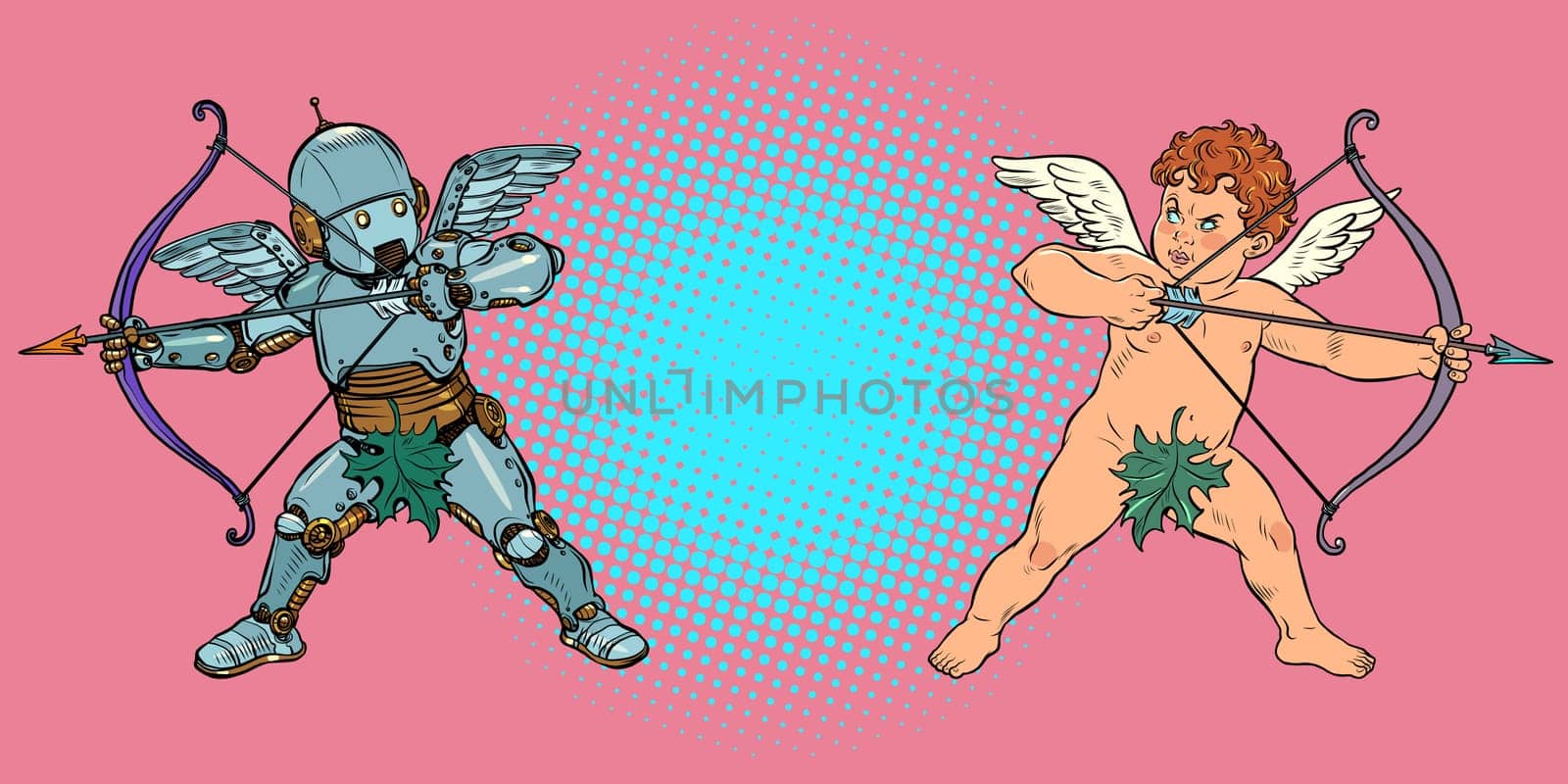 Robot and Baby angel Cupid with a bow and arrow, a mythical character of love. Pop Art Retro Vector Illustration Vintage kitsch 50s 60s Style