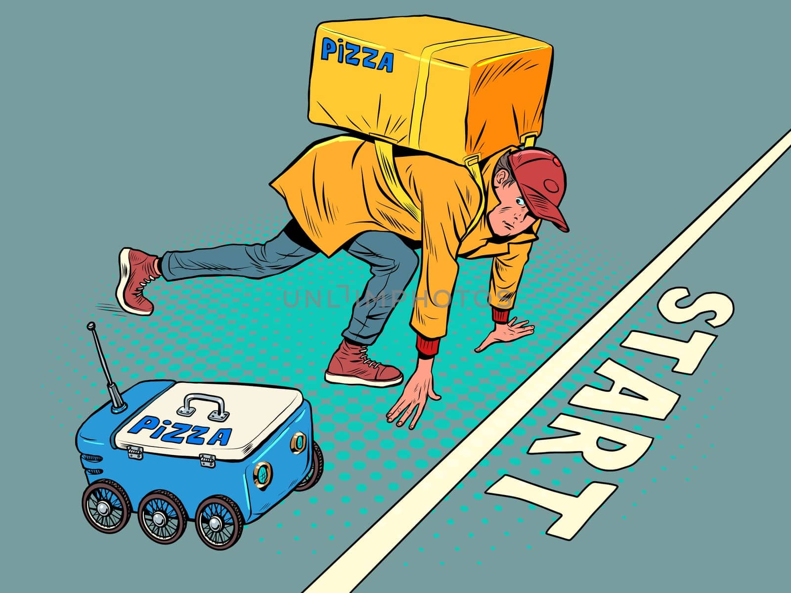 A food delivery courier competes with a robot. A man on the starting line with a mechanism. Pop Art Retro Vector Illustration 50s 60s Kitsch Vintage Style