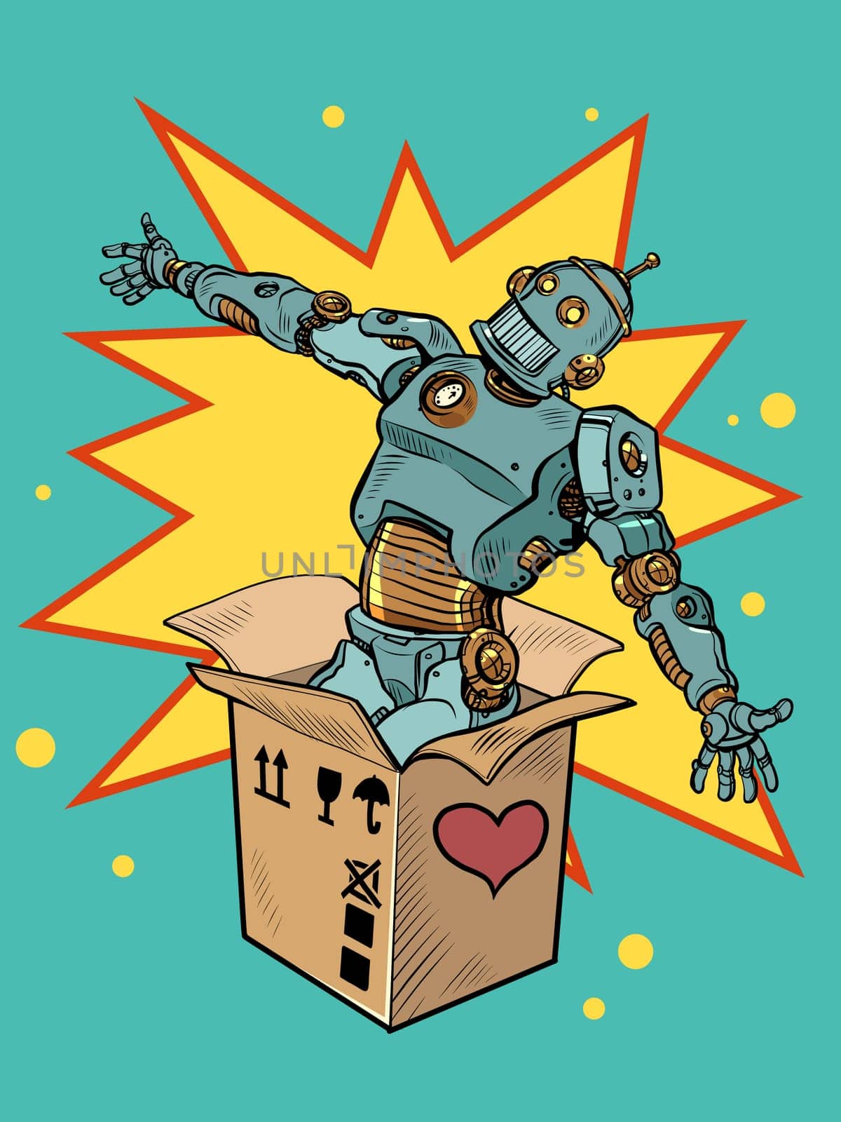 robot mechanical toy box valentine surprise greeting, love romance. Pop Art Retro Vector Illustration 50s 60s Vintage kitsch Style