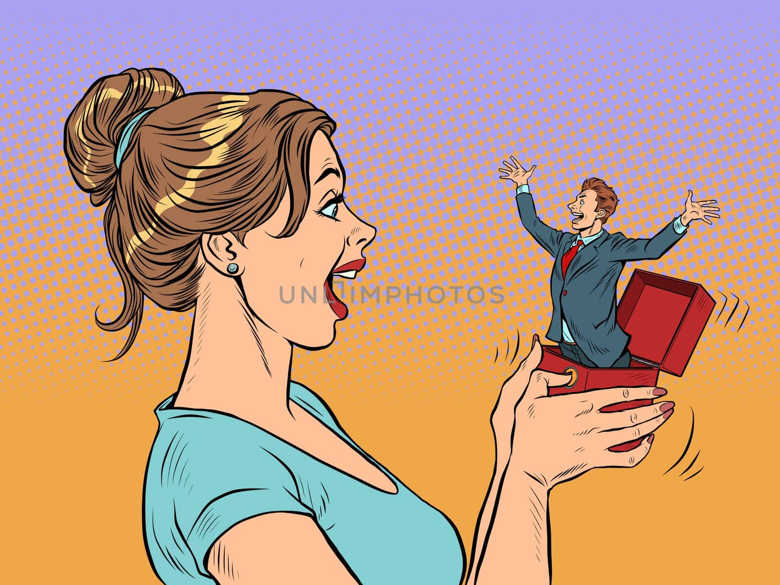 woman girl bride sees groom box valentine surprise greeting, love romance. Pop Art Retro Vector Illustration 50s 60s Vintage kitsch Style