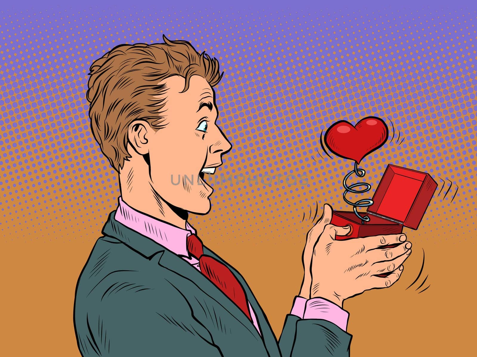 A businessman man looks at a red heart box valentine surprise greeting, love romance. Pop Art Retro Vector Illustration 50s 60s Vintage kitsch Style
