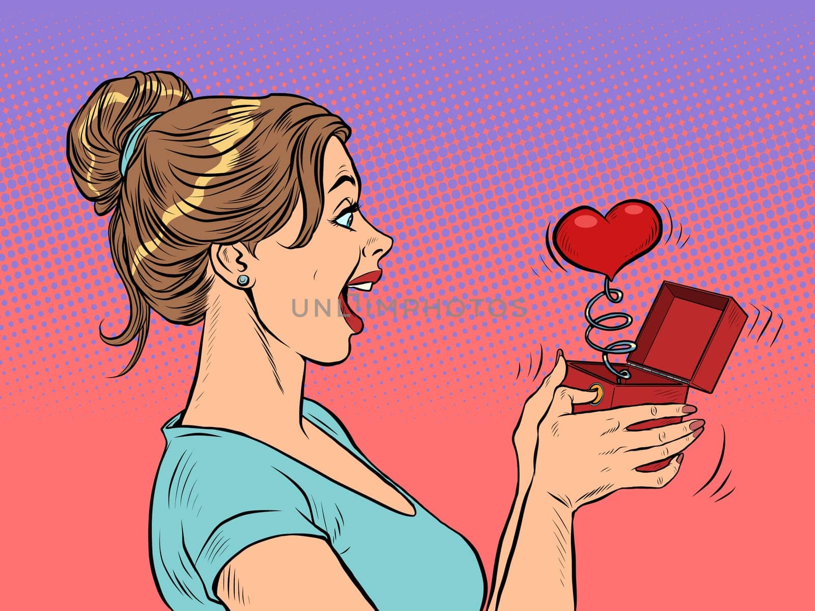 a woman girl looks at a red heart box valentine surprise greeting, love romance. Pop Art Retro Vector Illustration 50s 60s Vintage kitsch Style