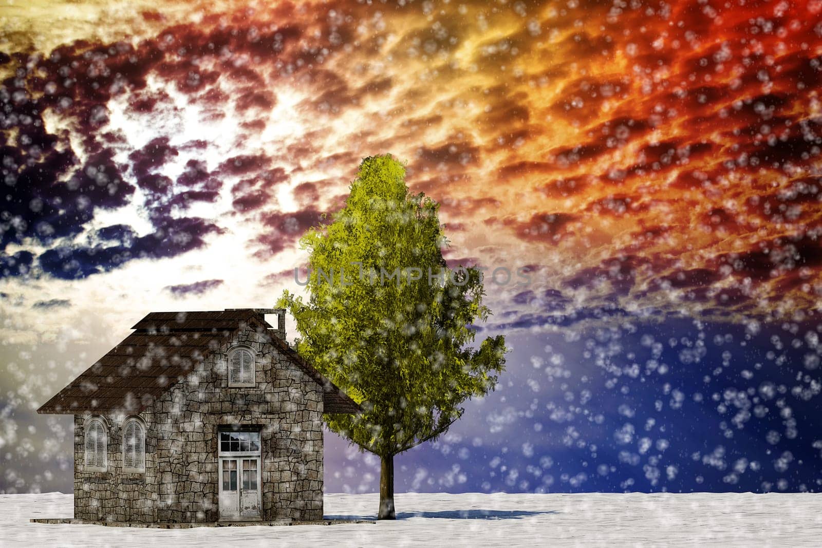 The 3d rendering tree and house in full leaf in winter against sky