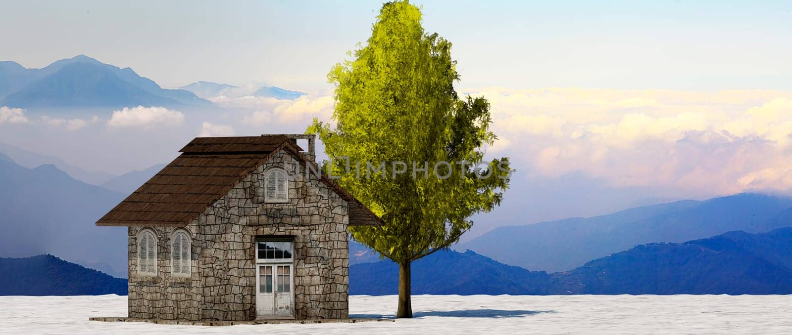 The 3d rendering tree and house in full leaf in winter against sky