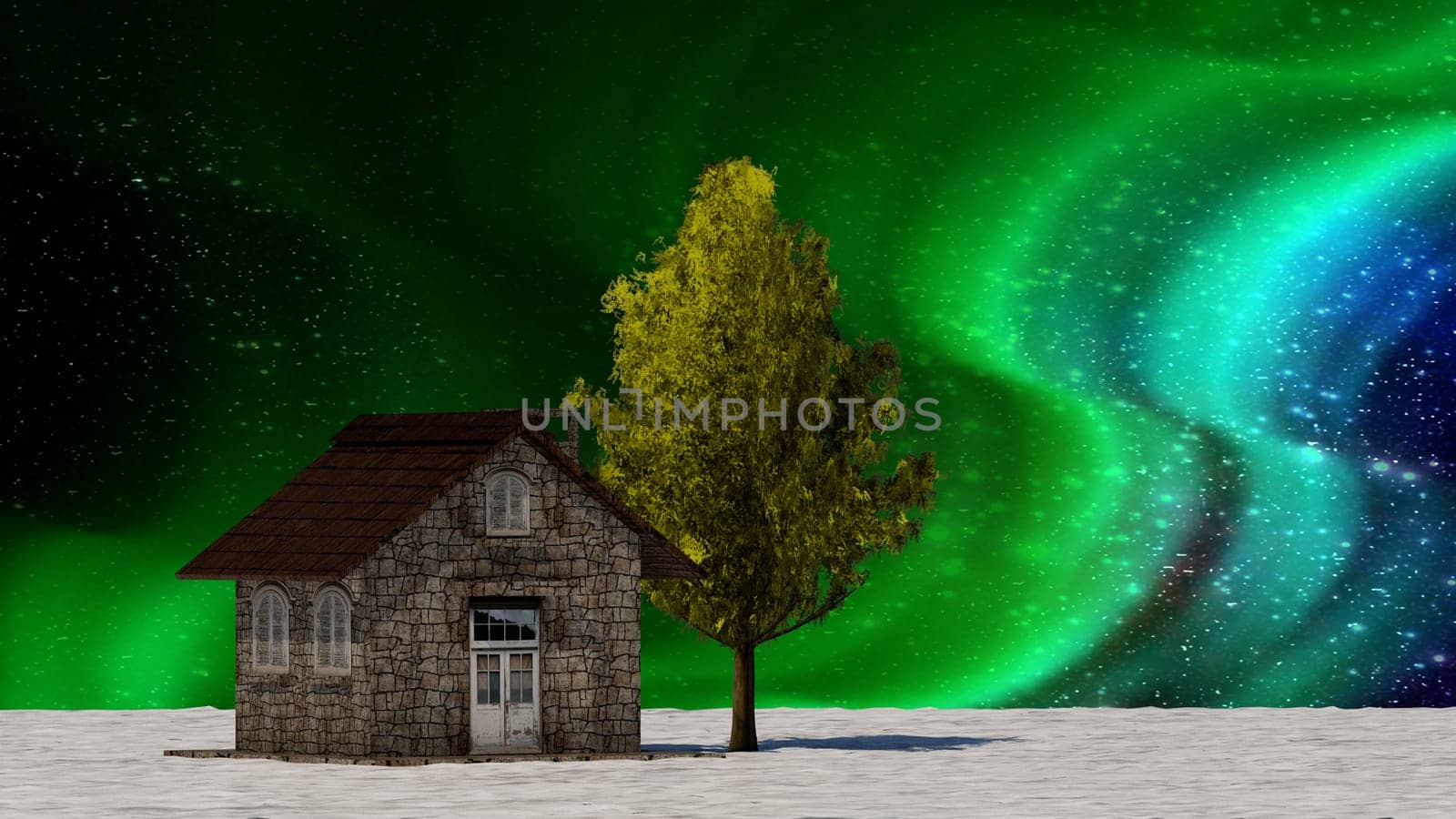 The 3d rendering tree and house in full leaf in winter against sky