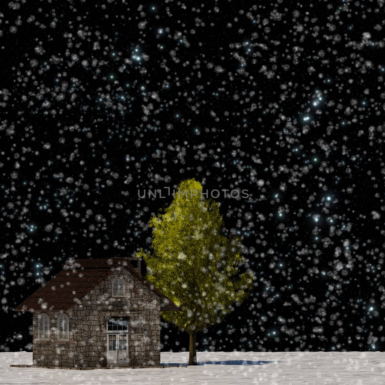 The 3d rendering tree and house in full leaf in winter against sky