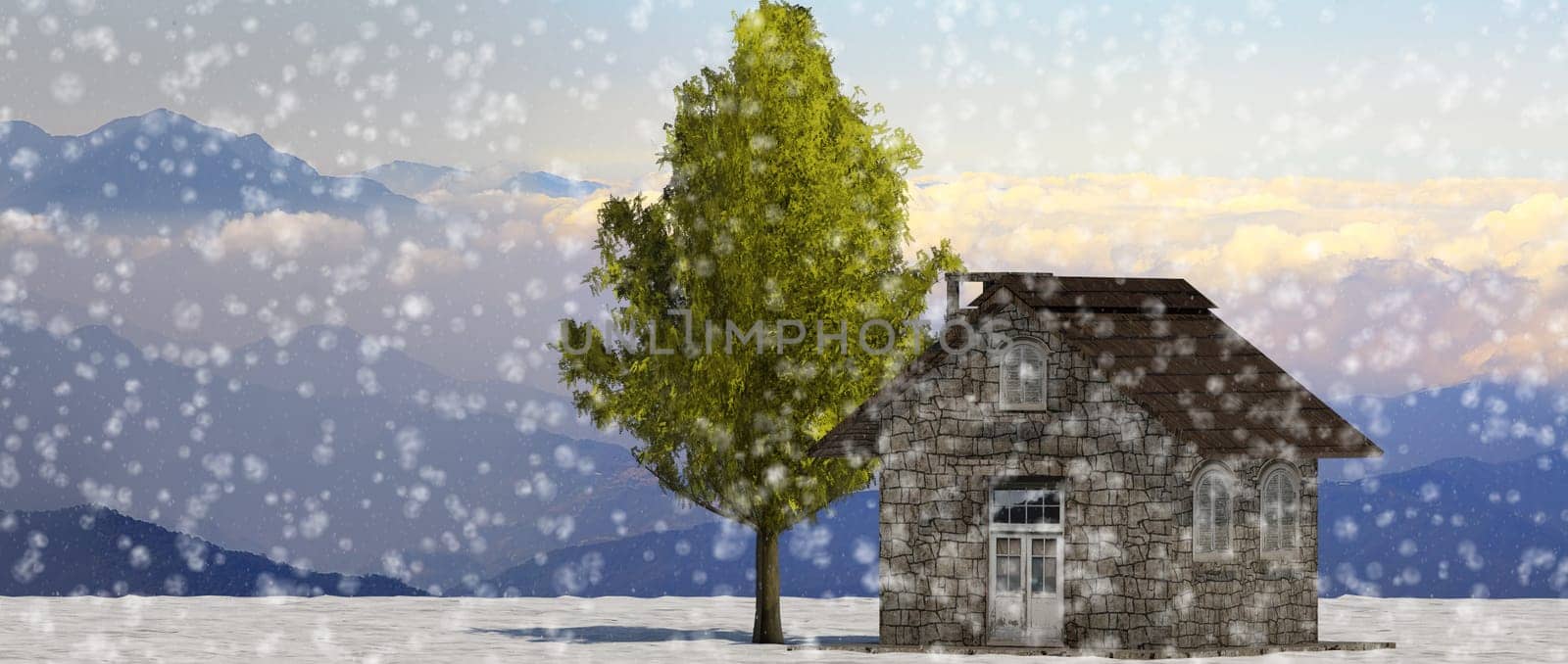 The 3d rendering tree and house in full leaf in winter against sky