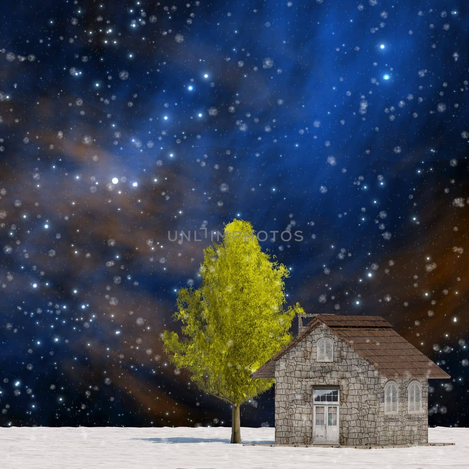 The 3d rendering tree and house in full leaf in winter against sky