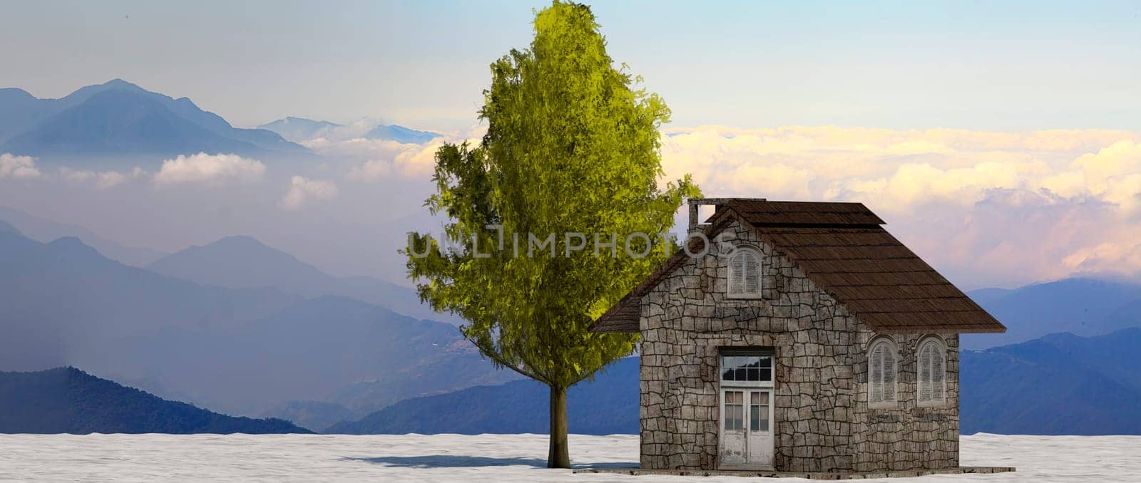 The 3d rendering tree and house in full leaf in winter against sky