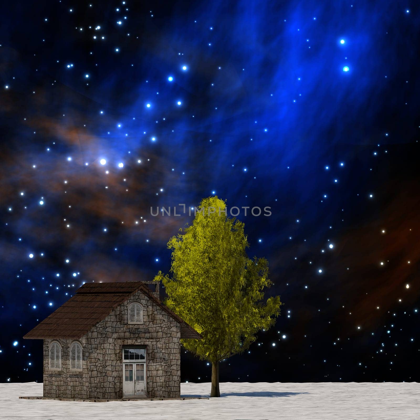 The 3d rendering tree and house in full leaf in winter against sky
