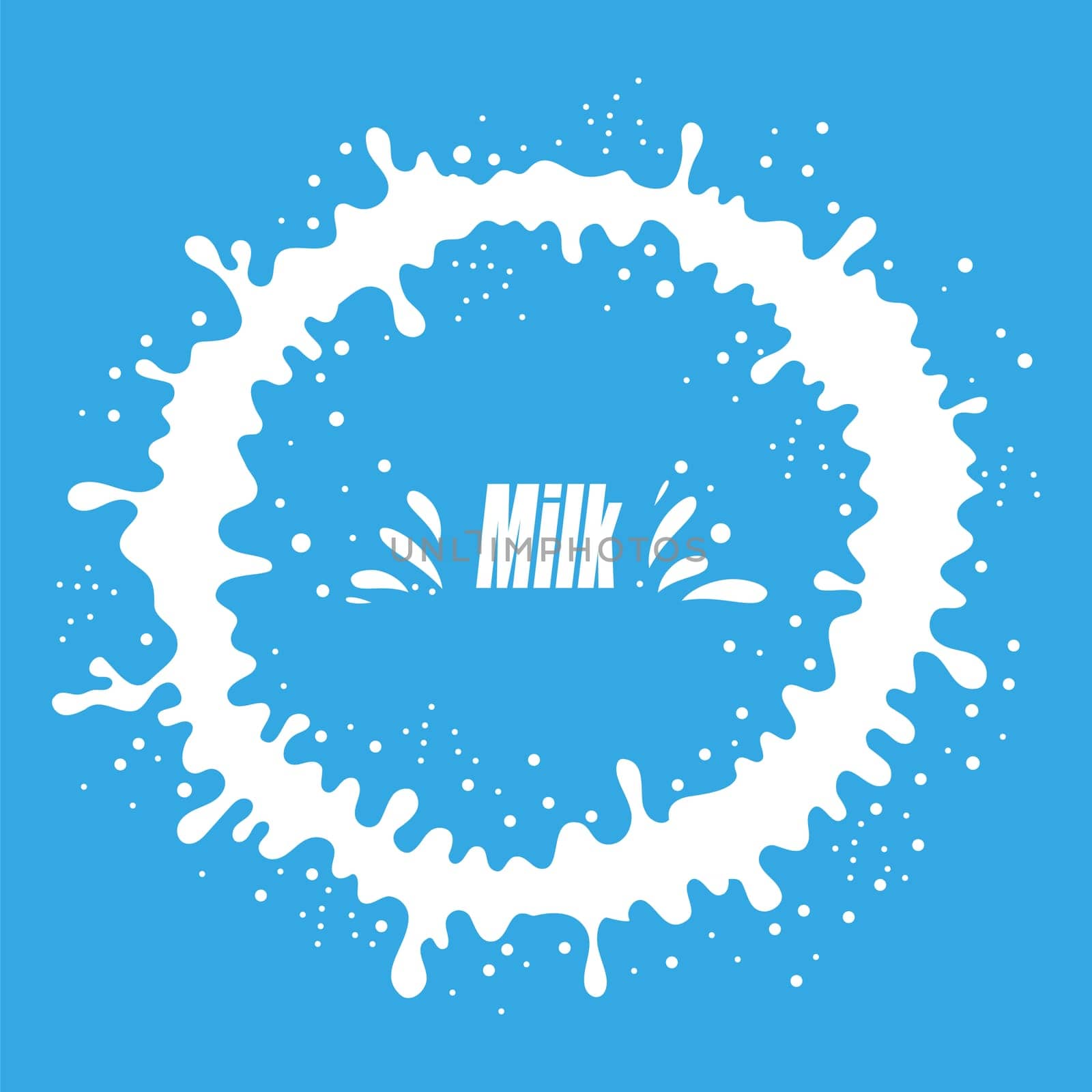 Pouring Milk Splash on Blue Background. White Creamy Liquid Drops. Fresh Farm Milky Flow Drink. Minimalist Poster.