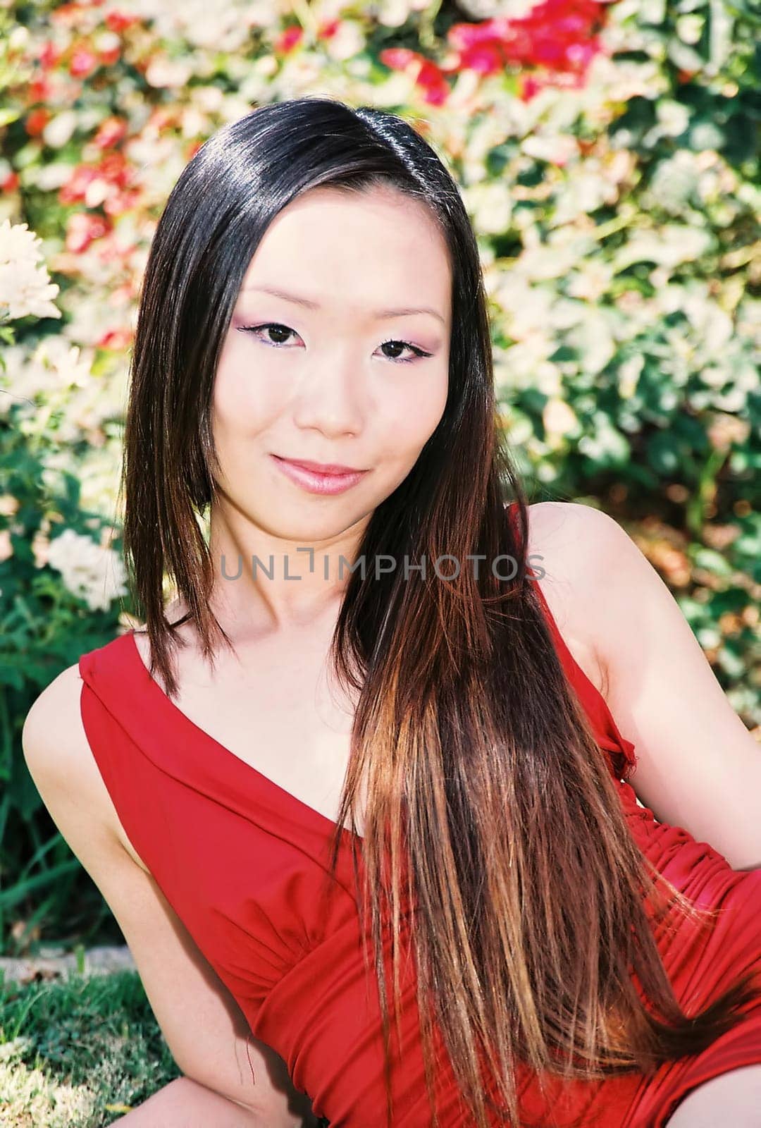 A lovely Asian female model posing outdoors