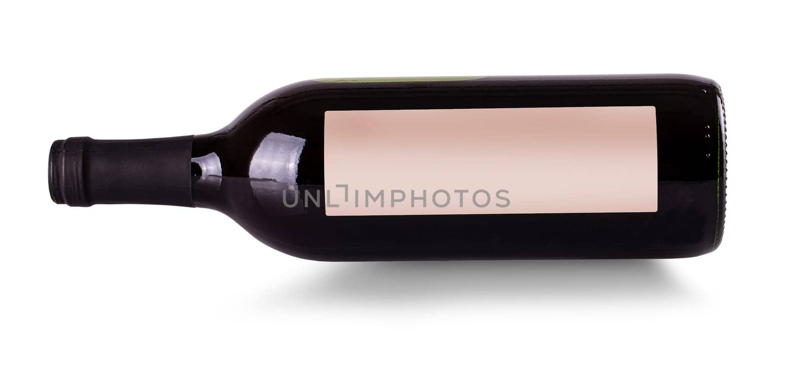 The close up bottle of red wine on the side with label isolated on white