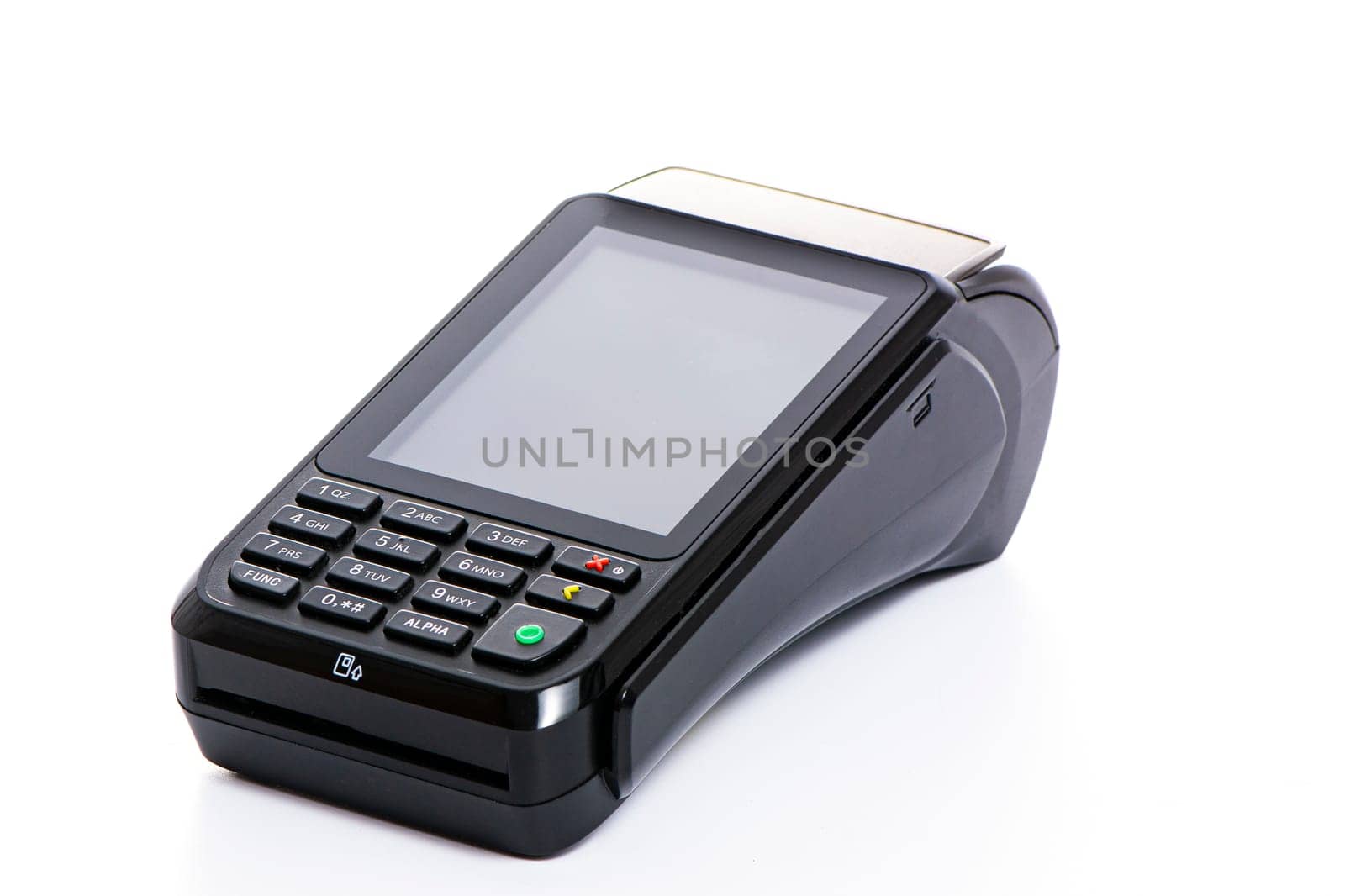 black payment terminal close-up for accepting money from plastic cards from customers on a white isolated background, copy space