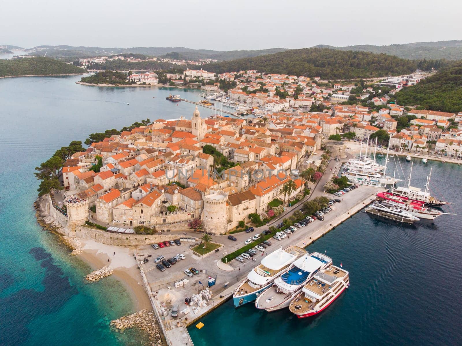 Aerial drone view of Korcula old town, Dalmatia, Croatia.