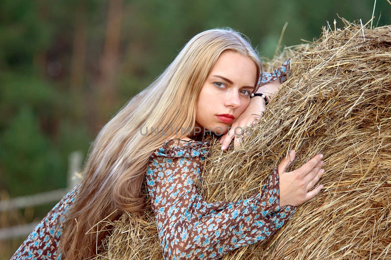 A girl with long hair leaned against a haystack. High quality photo
