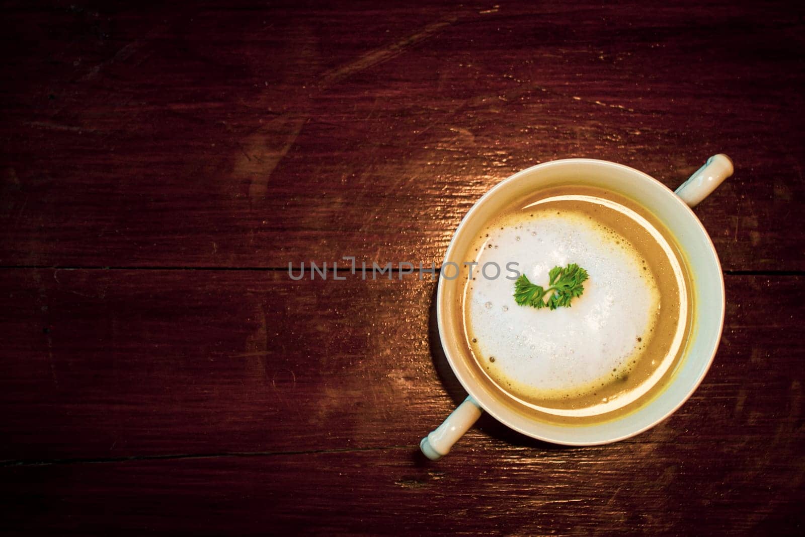Mushroom Soup in ceramic bowl breakfast meal healthy on the wooden table.