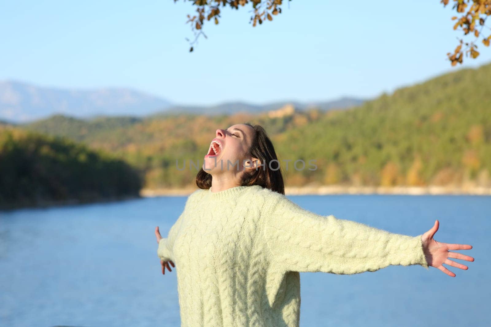 Excited woman screaming to the air outstretching arms in a lake in winter