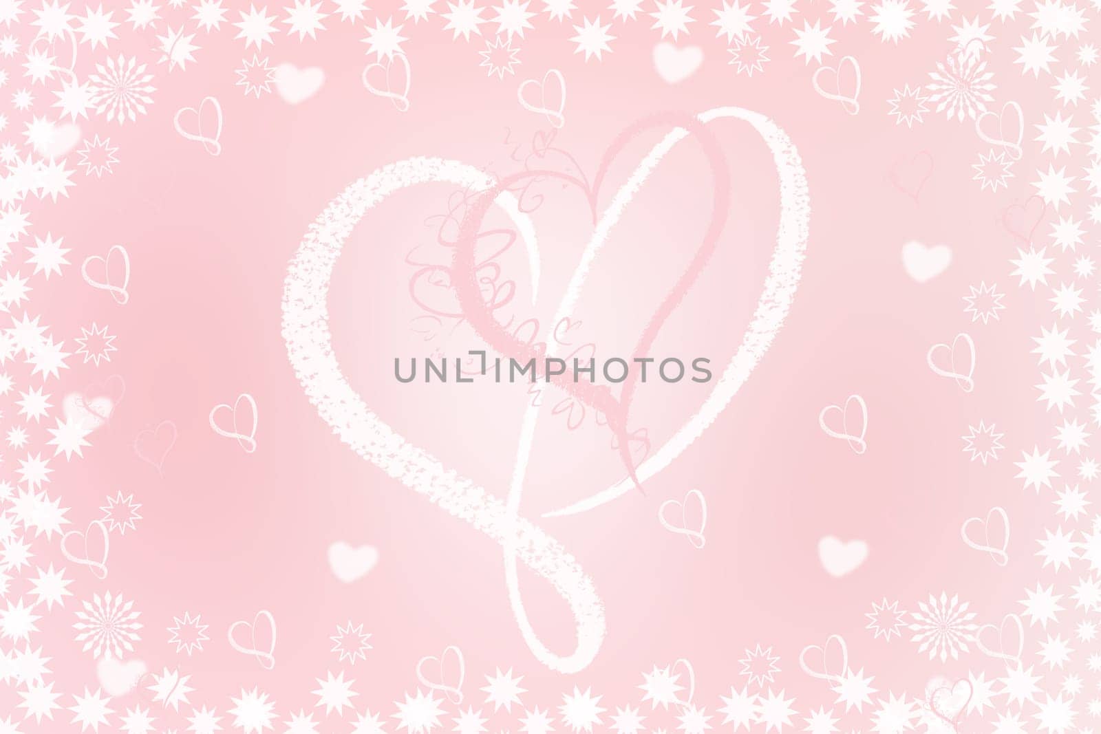 Abstract festive blur light pink pastel background with white pink hearts inside love bokeh for wedding card or Valentine day. Romantic textured backdrop with space for your design. Card concept.