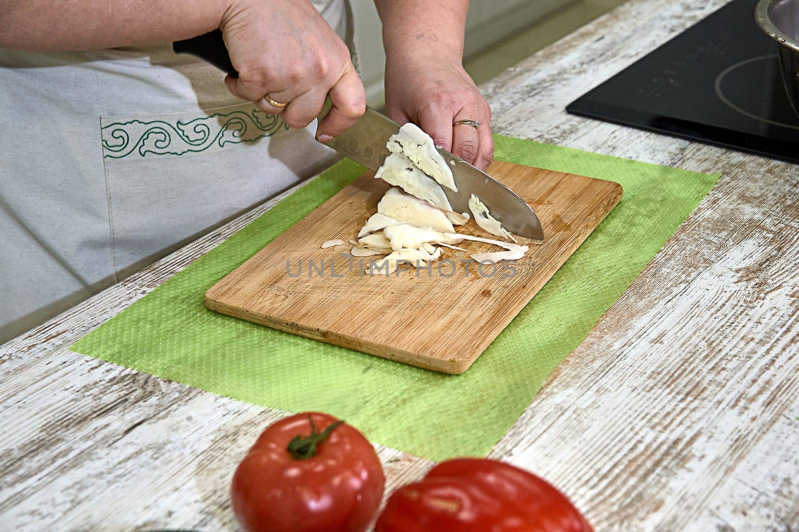 Slicing white cabbage on a cutting Board. High quality photo
