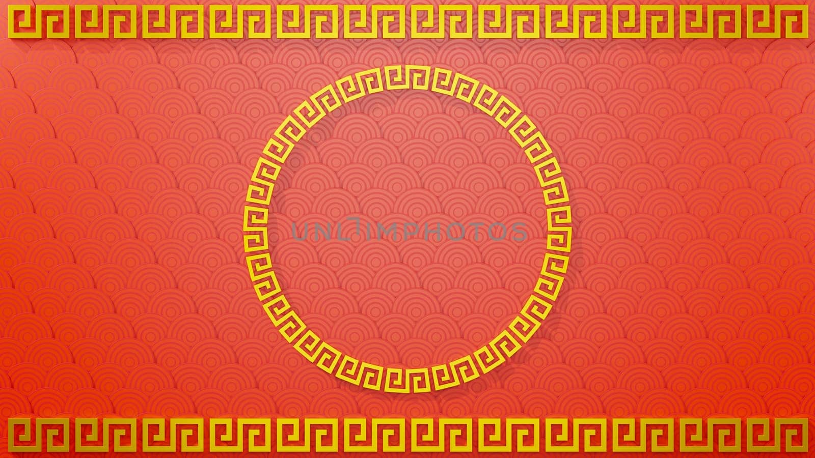 Happy Chinese new year concept. Chinese traditional ornament collection of decorative gold round border frames red background for web design, Circle frame, 3D rendering illustration