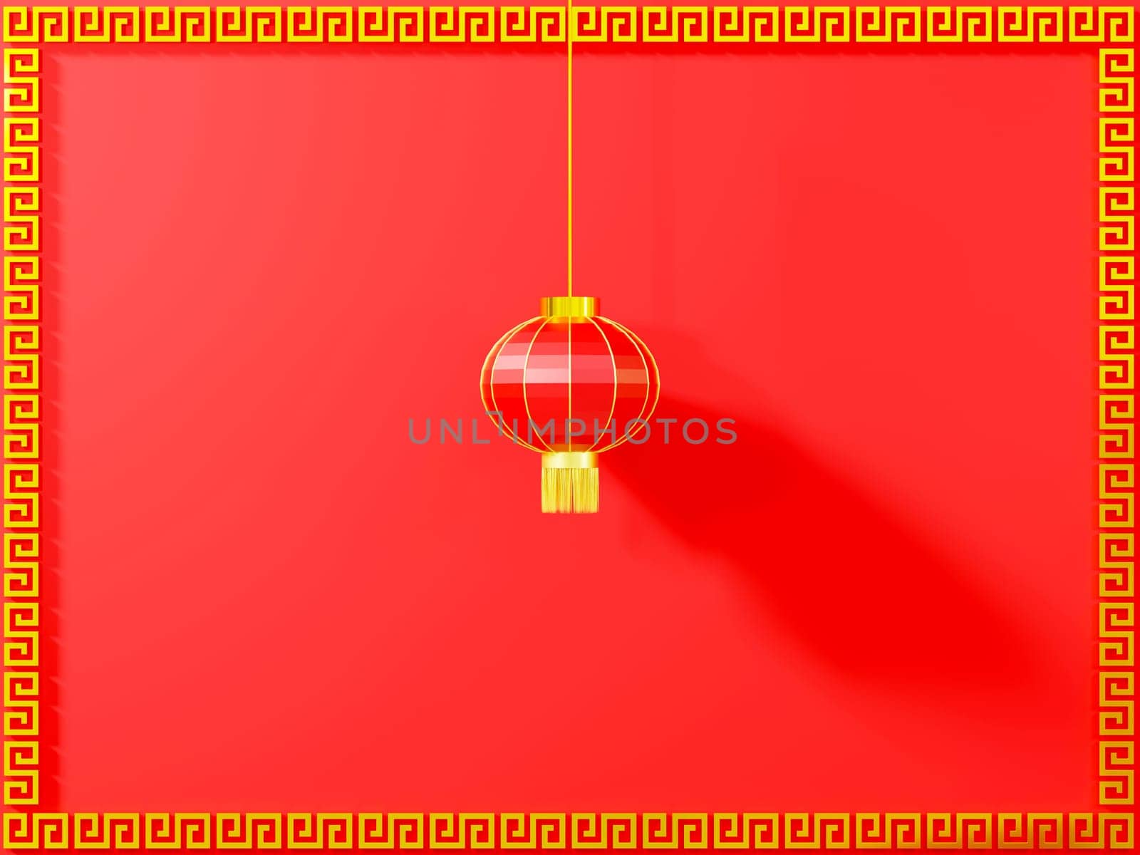 Happy Chinese New Year. Chinese lantern in golden lanterns frame pattern on red background decoration element for web design, lantern festival, 3D Rendering illustration