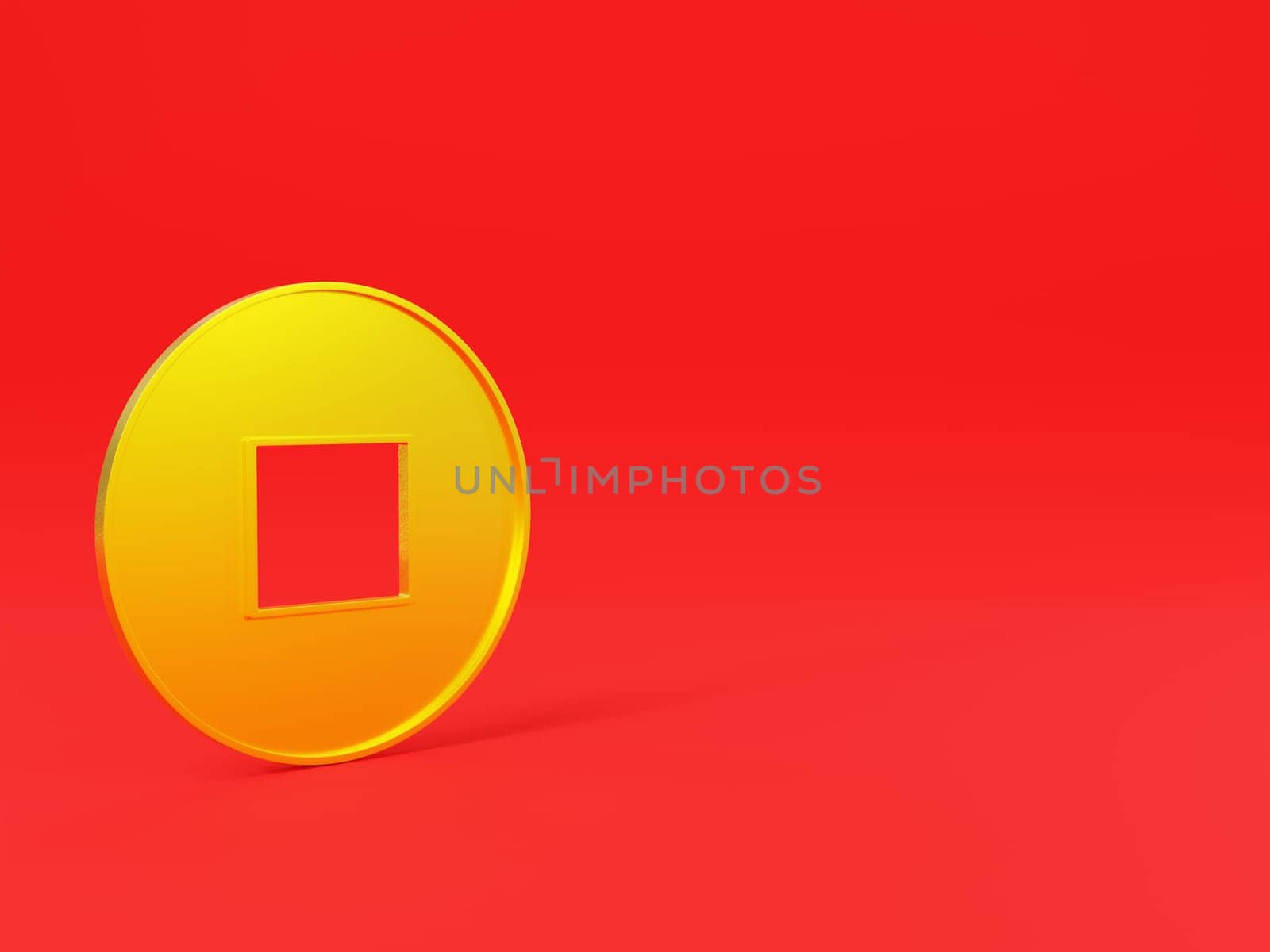 Happy Chinese New Year. Ancient old gold coins of China with square hole on red background decoration element for web design, Feng shui symbol New year lucky gift 3D Rendering illustration