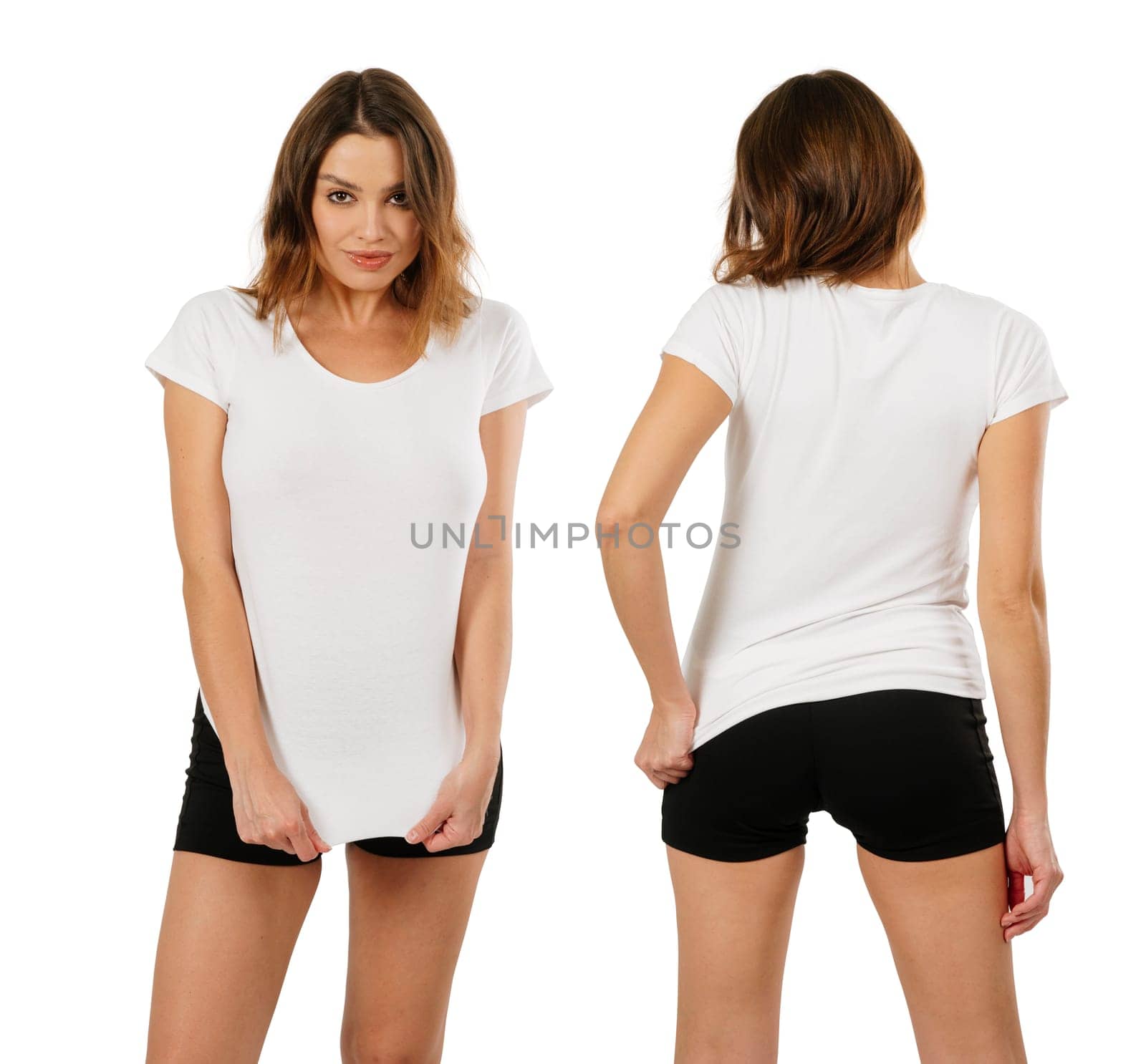 Photo of a sexy young woman with shorts wearing a blank white shirt, front and back.
